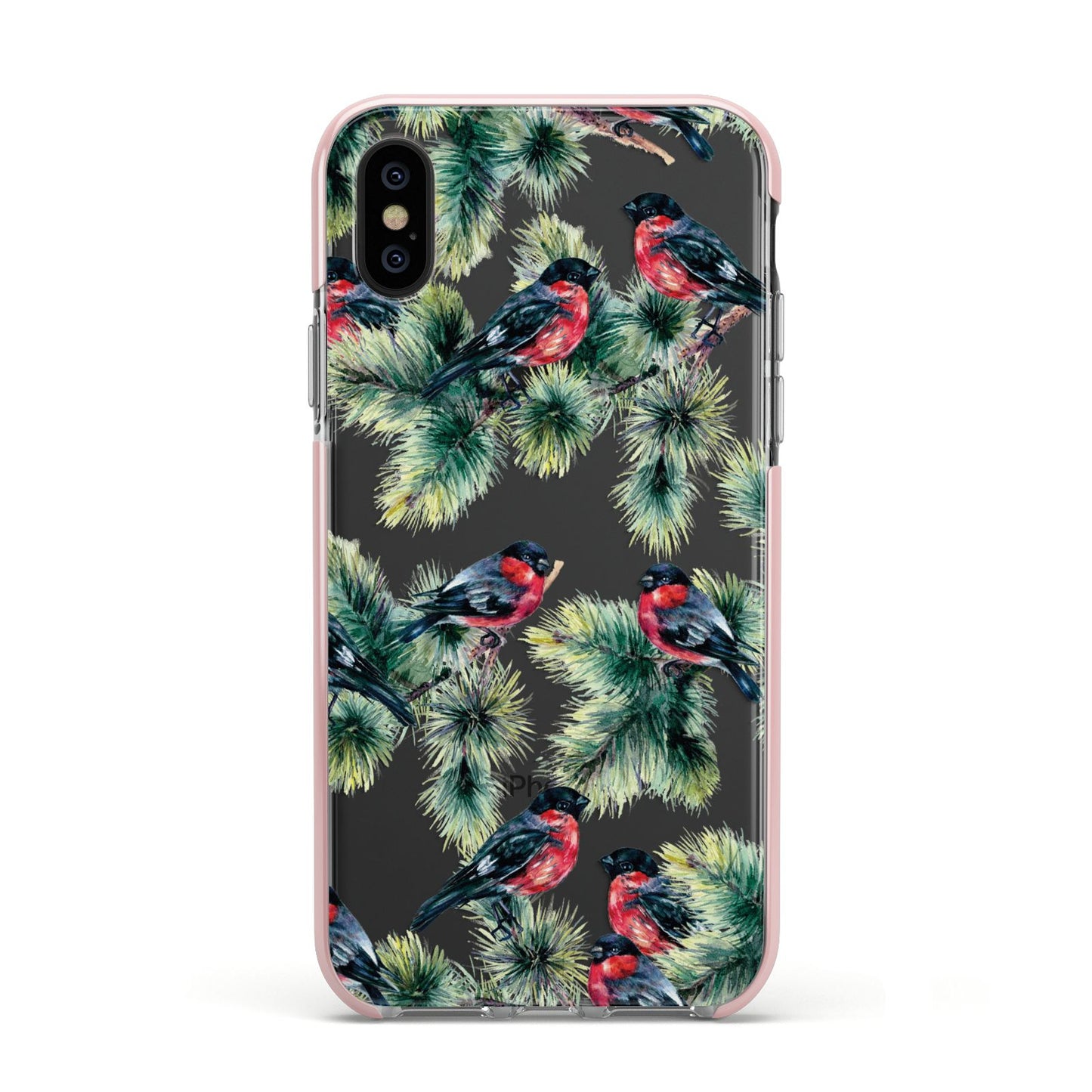 Bullfinch Pine Tree Apple iPhone Xs Impact Case Pink Edge on Black Phone