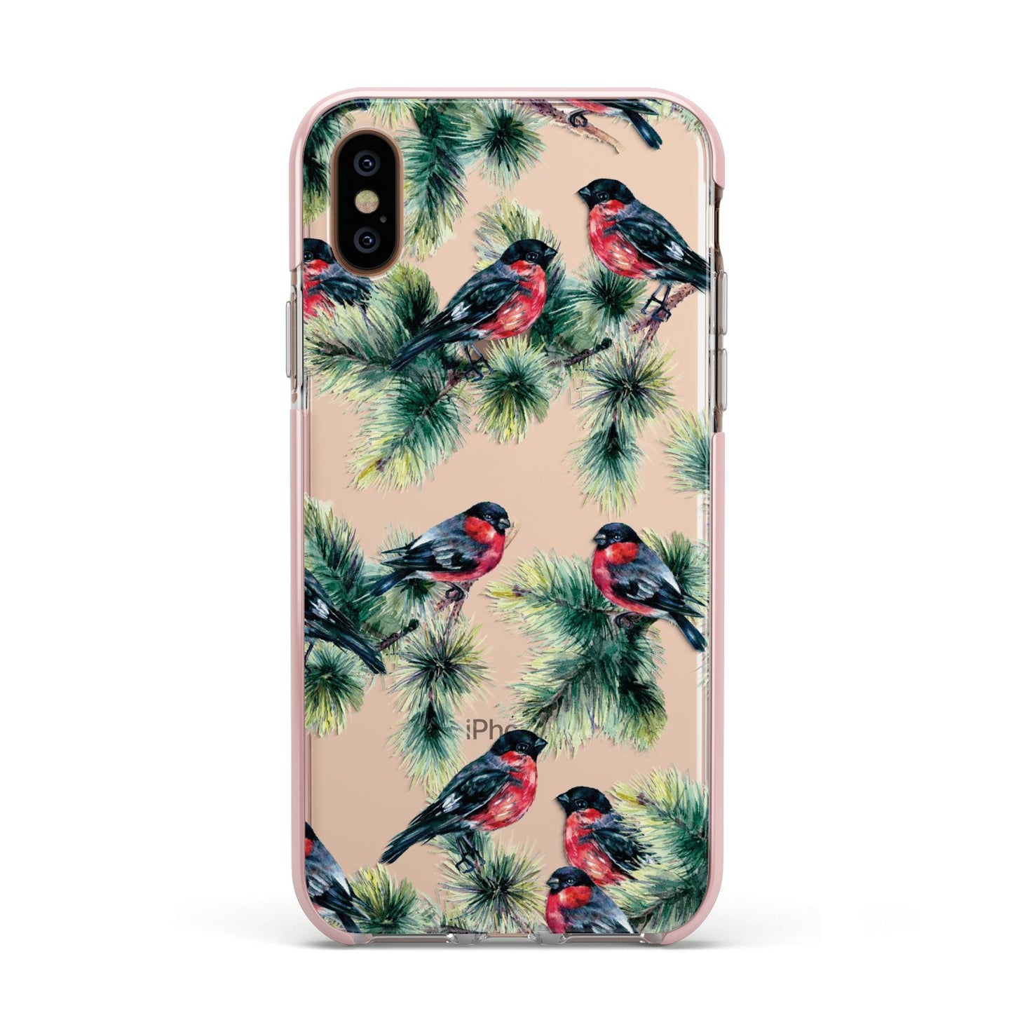 Bullfinch Pine Tree Apple iPhone Xs Impact Case Pink Edge on Gold Phone