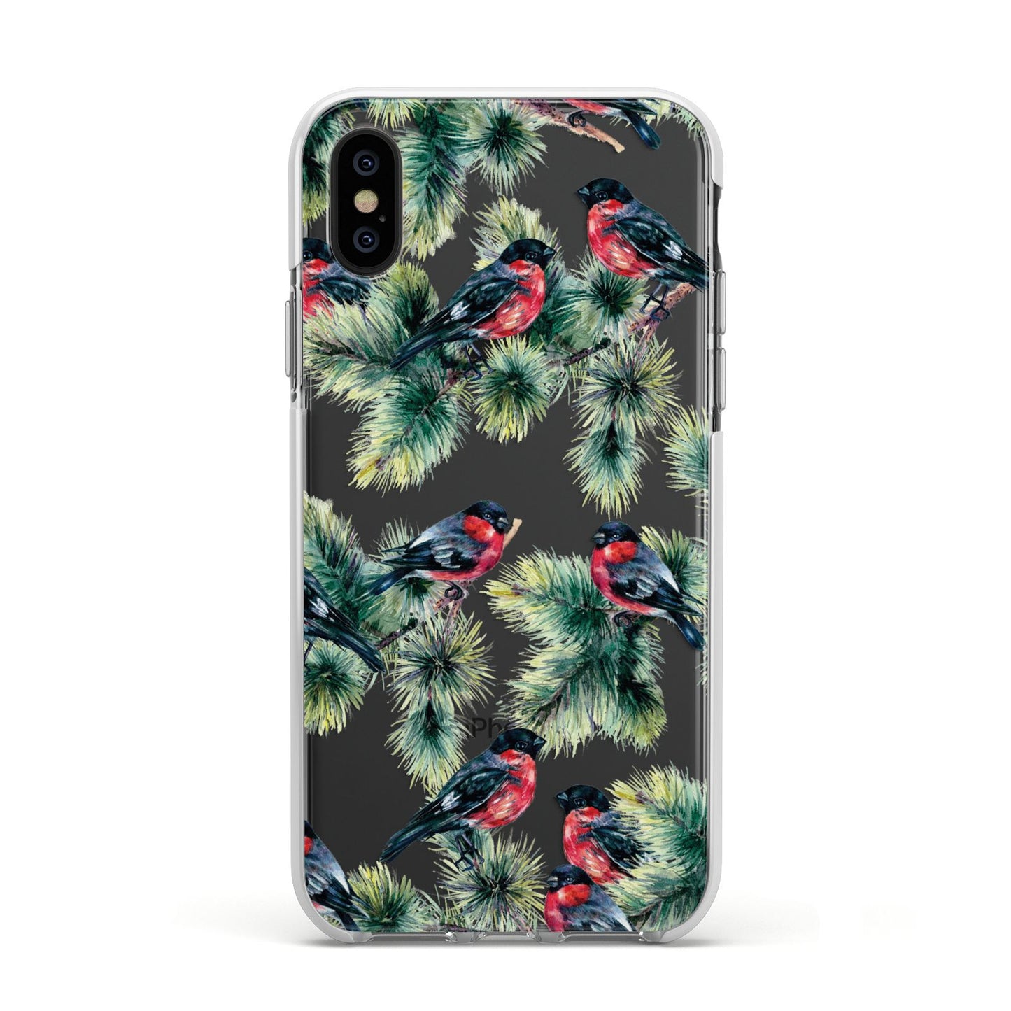 Bullfinch Pine Tree Apple iPhone Xs Impact Case White Edge on Black Phone