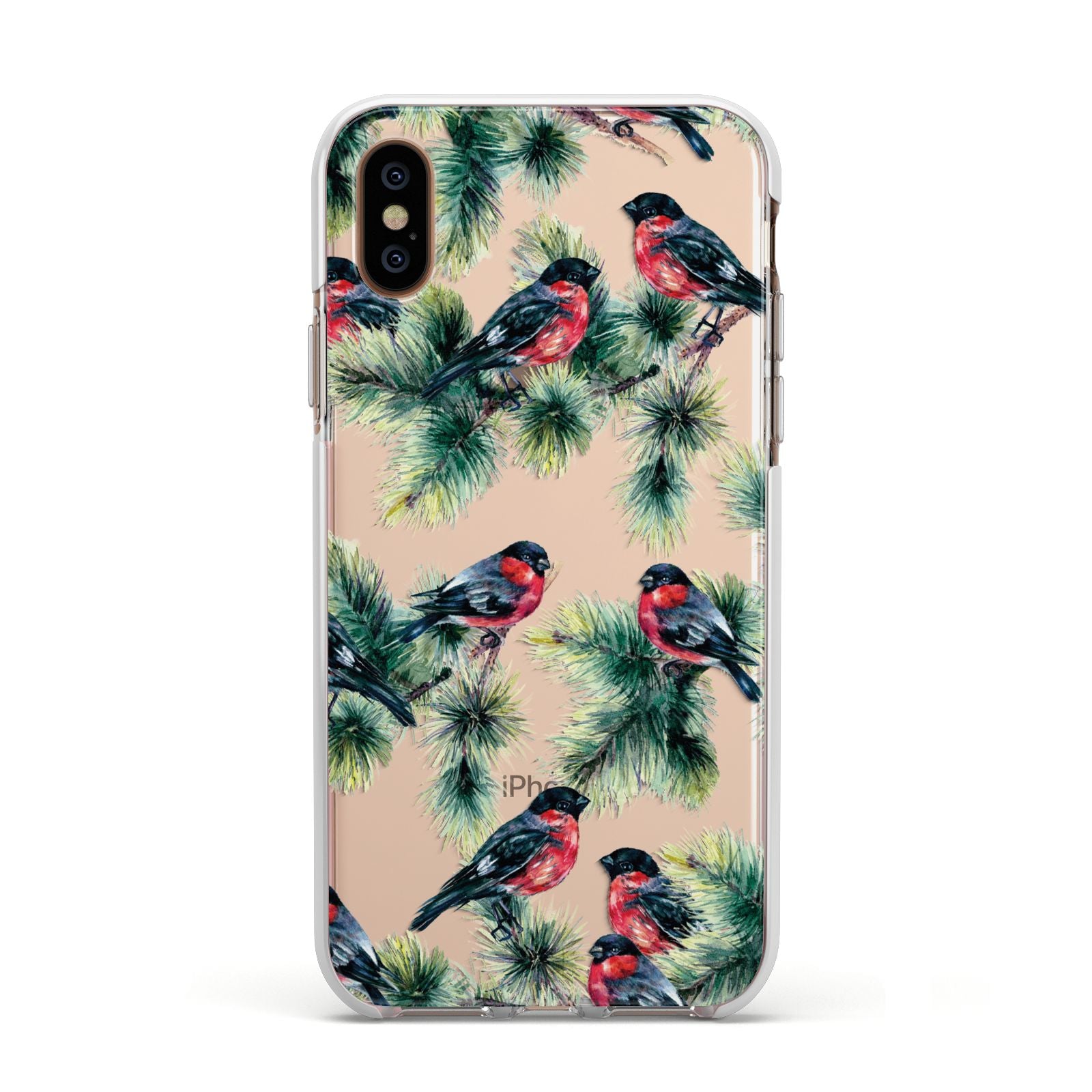 Bullfinch Pine Tree Apple iPhone Xs Impact Case White Edge on Gold Phone