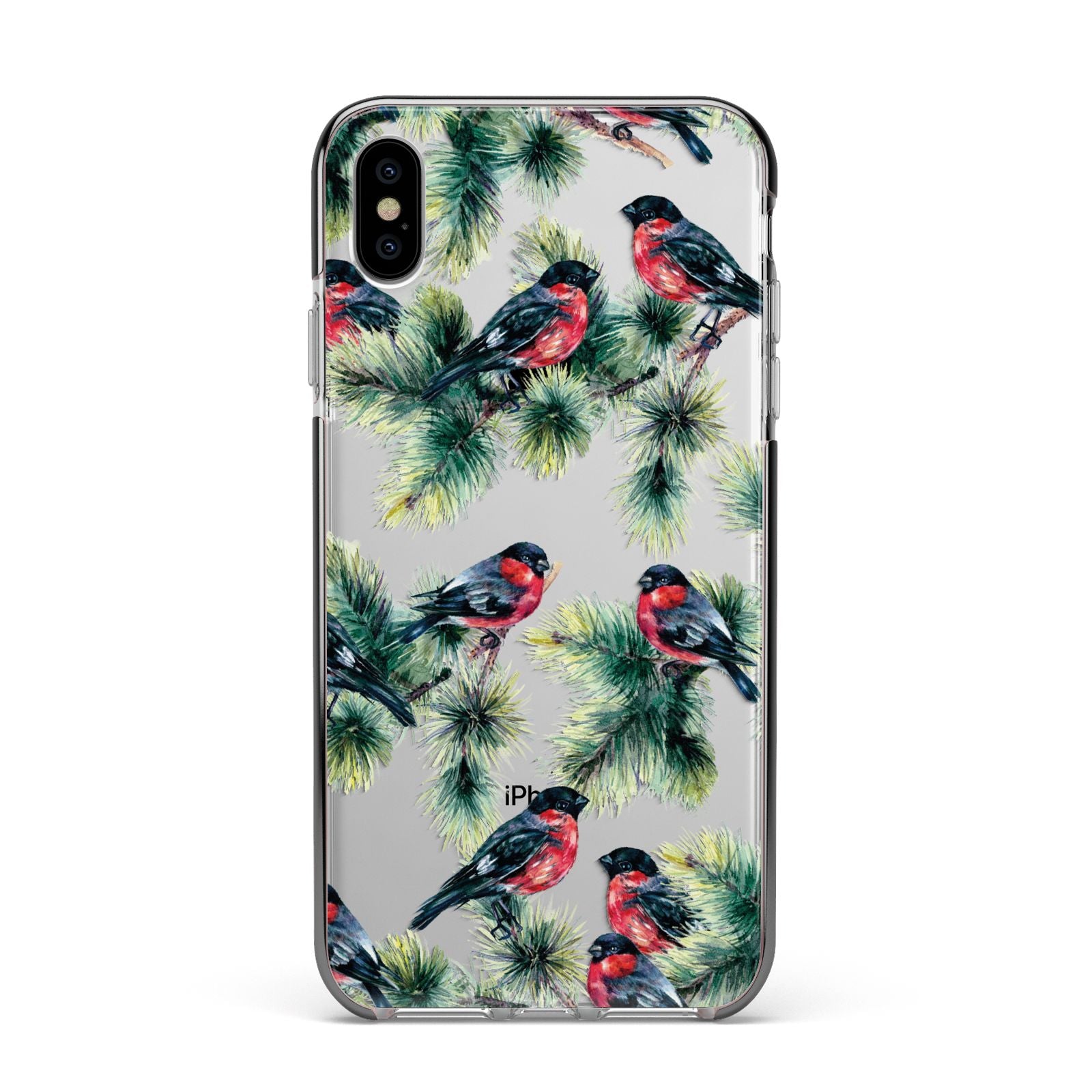 Bullfinch Pine Tree Apple iPhone Xs Max Impact Case Black Edge on Silver Phone