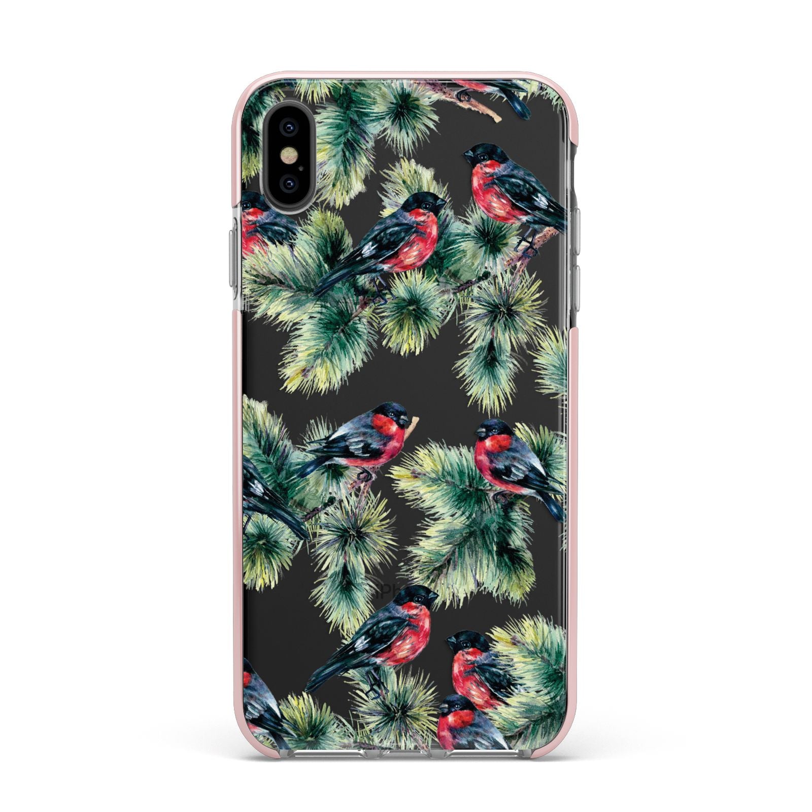 Bullfinch Pine Tree Apple iPhone Xs Max Impact Case Pink Edge on Black Phone