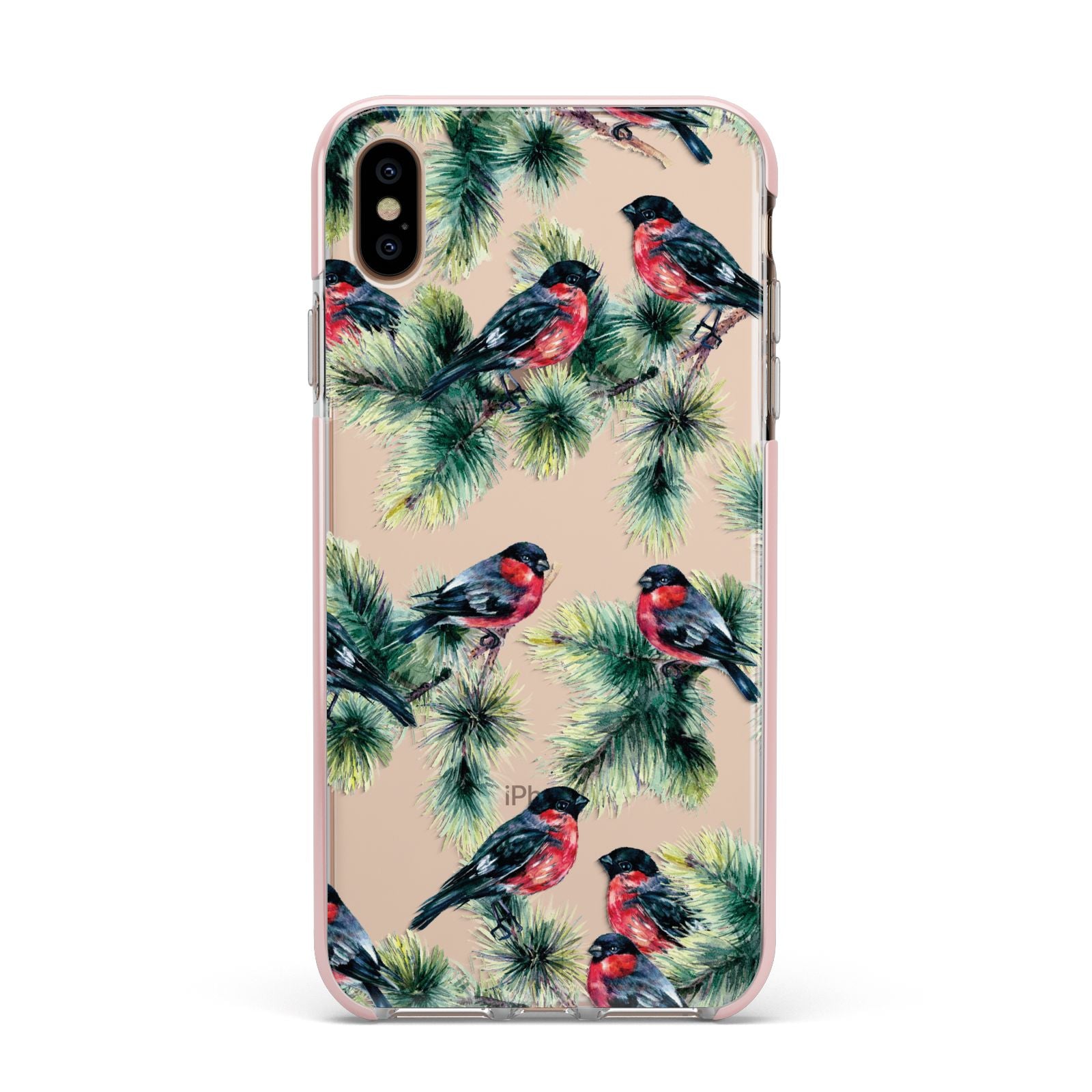Bullfinch Pine Tree Apple iPhone Xs Max Impact Case Pink Edge on Gold Phone