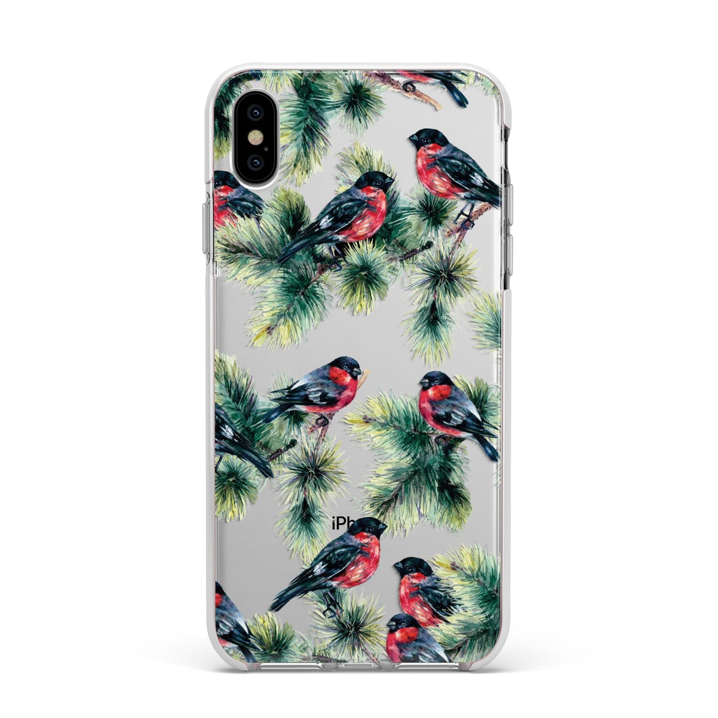 Bullfinch Pine Tree Apple iPhone Xs Max Impact Case White Edge on Silver Phone