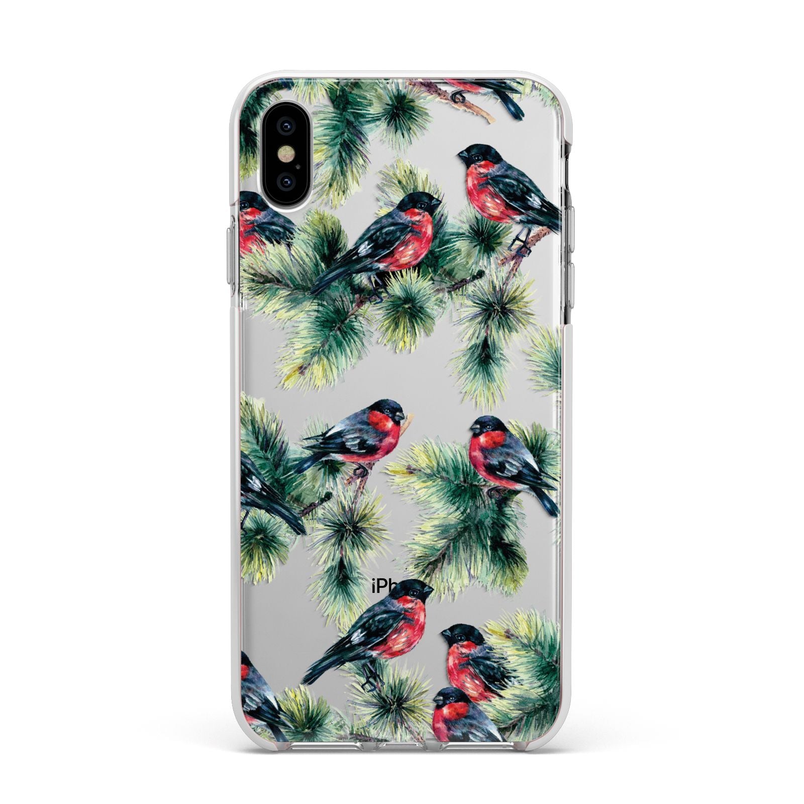 Bullfinch Pine Tree Apple iPhone Xs Max Impact Case White Edge on Silver Phone