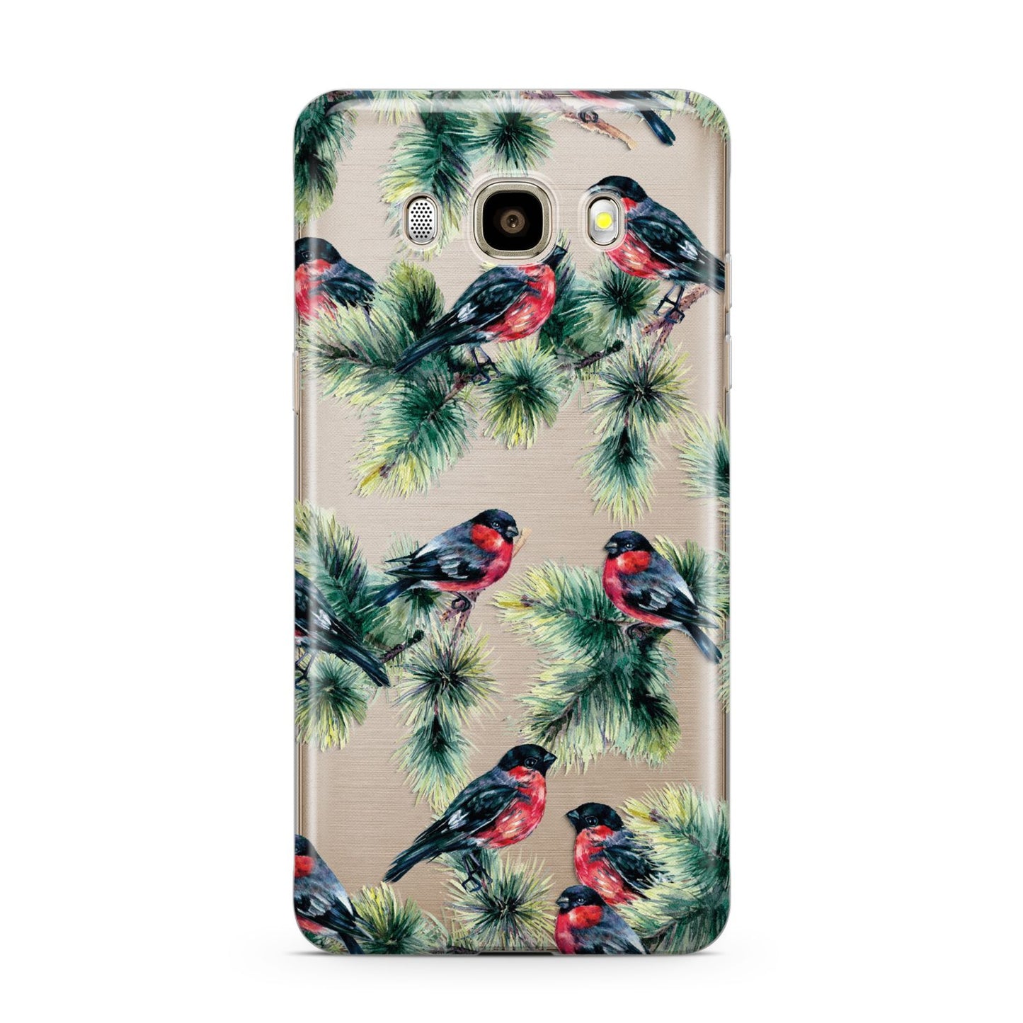 Bullfinch Pine Tree Samsung Galaxy J7 2016 Case on gold phone