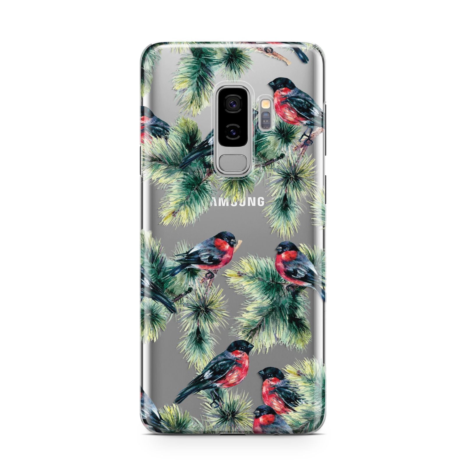 Bullfinch Pine Tree Samsung Galaxy S9 Plus Case on Silver phone
