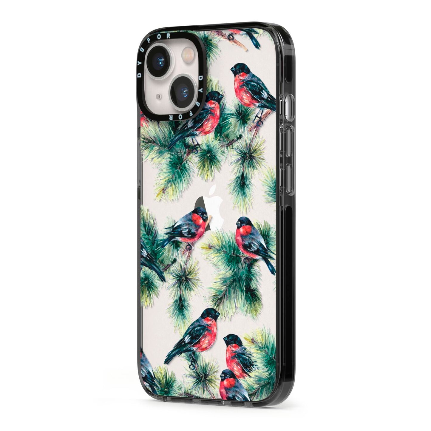 Bullfinch Pine Tree iPhone 13 Black Impact Case Side Angle on Silver phone