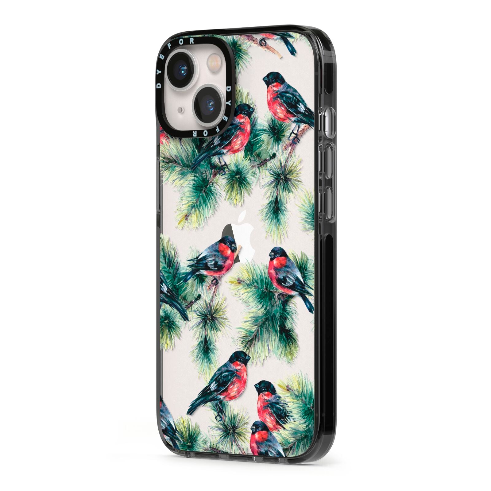 Bullfinch Pine Tree iPhone 13 Black Impact Case Side Angle on Silver phone