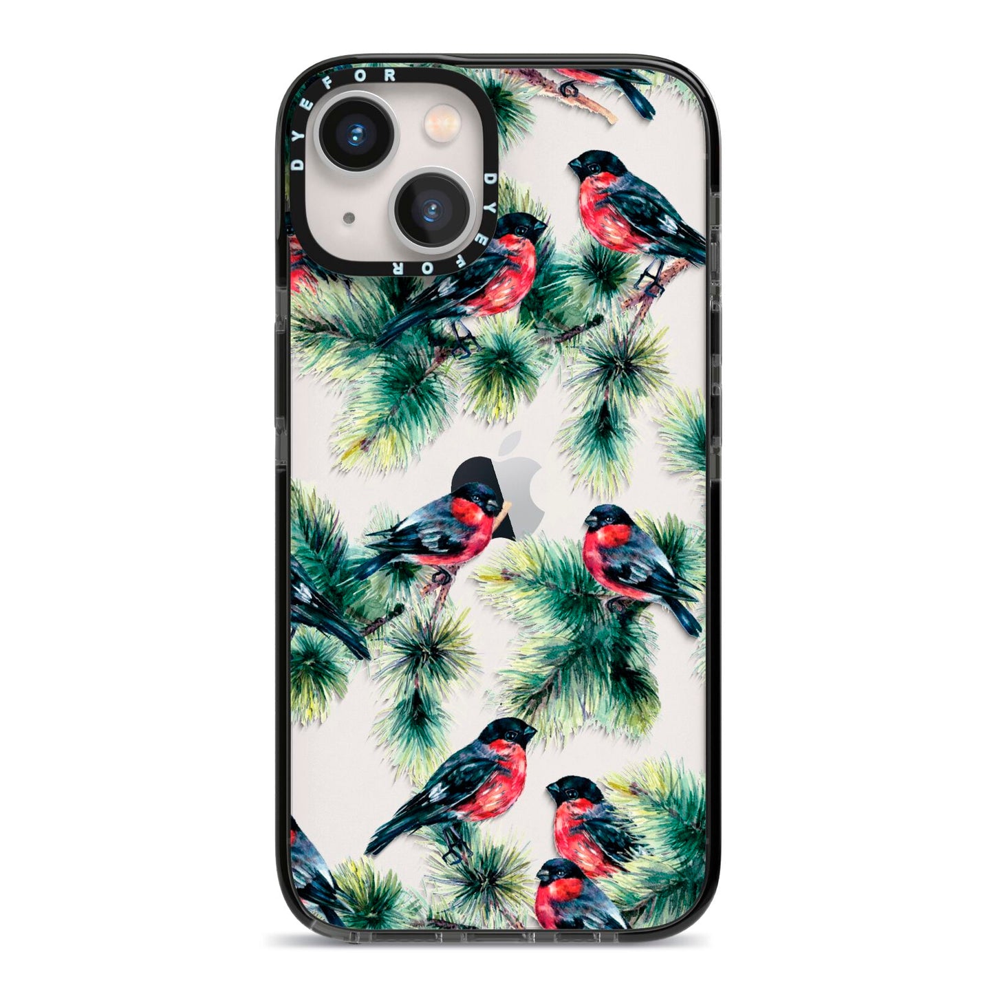 Bullfinch Pine Tree iPhone 13 Black Impact Case on Silver phone