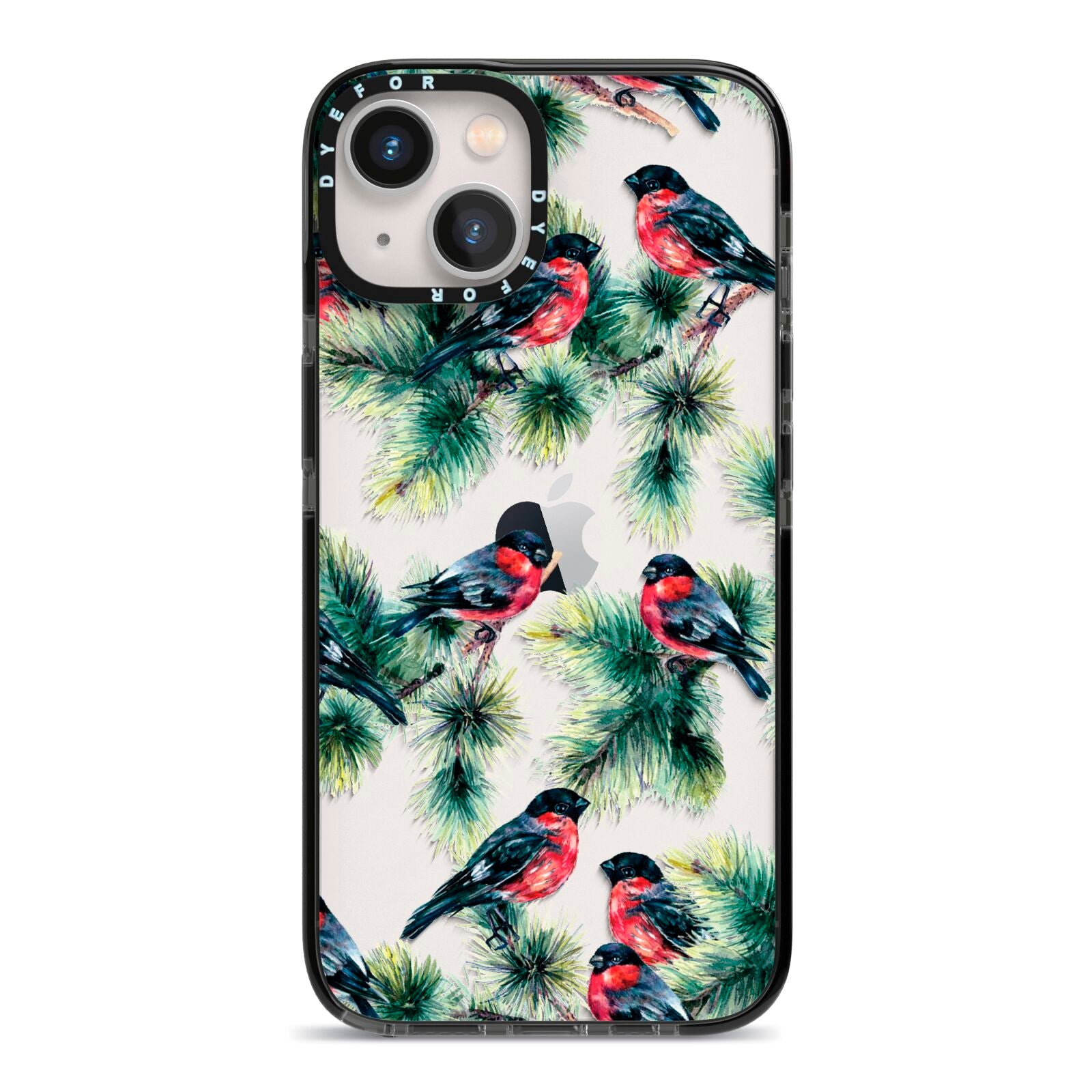 Bullfinch Pine Tree iPhone 13 Black Impact Case on Silver phone