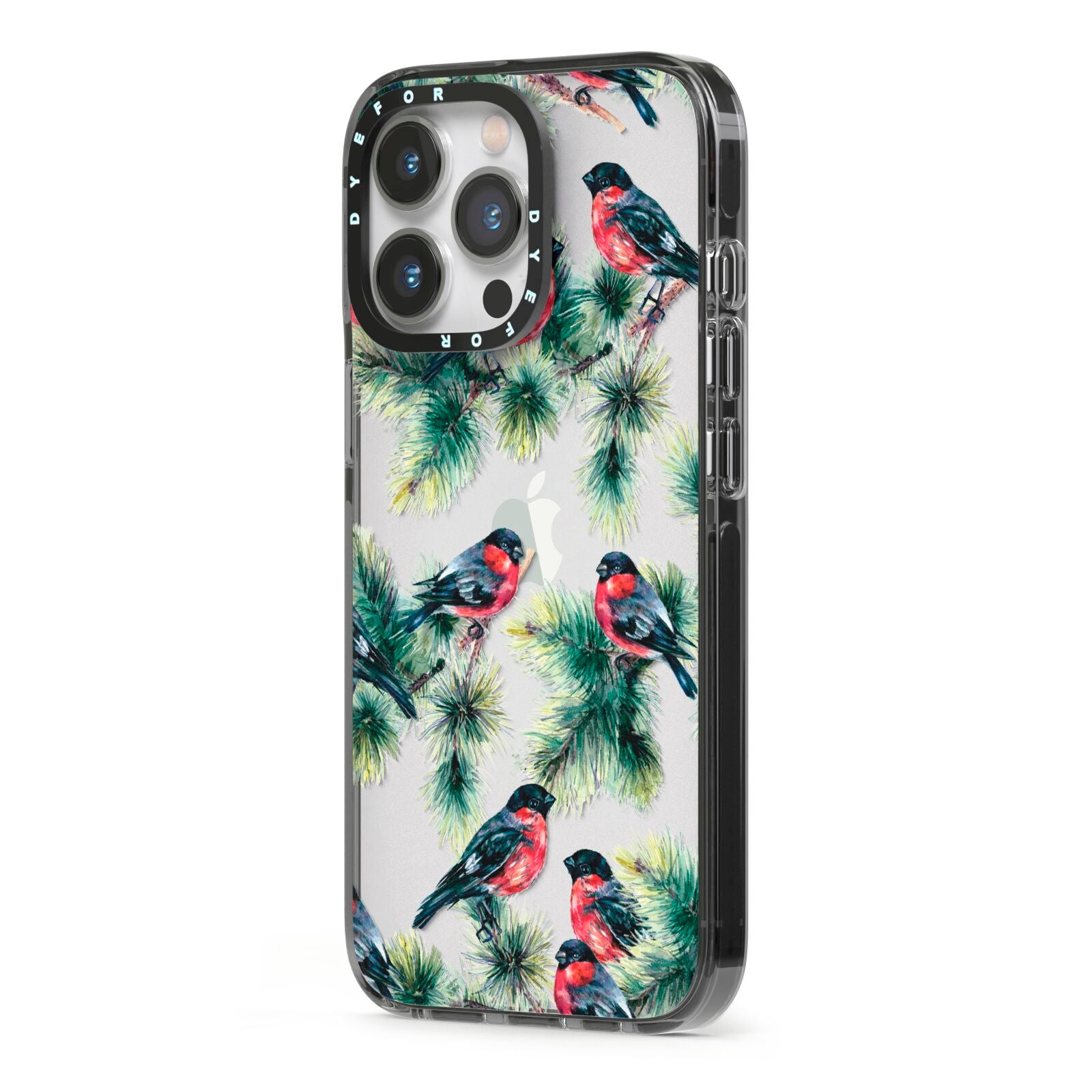 Bullfinch Pine Tree iPhone 13 Pro Black Impact Case Side Angle on Silver phone