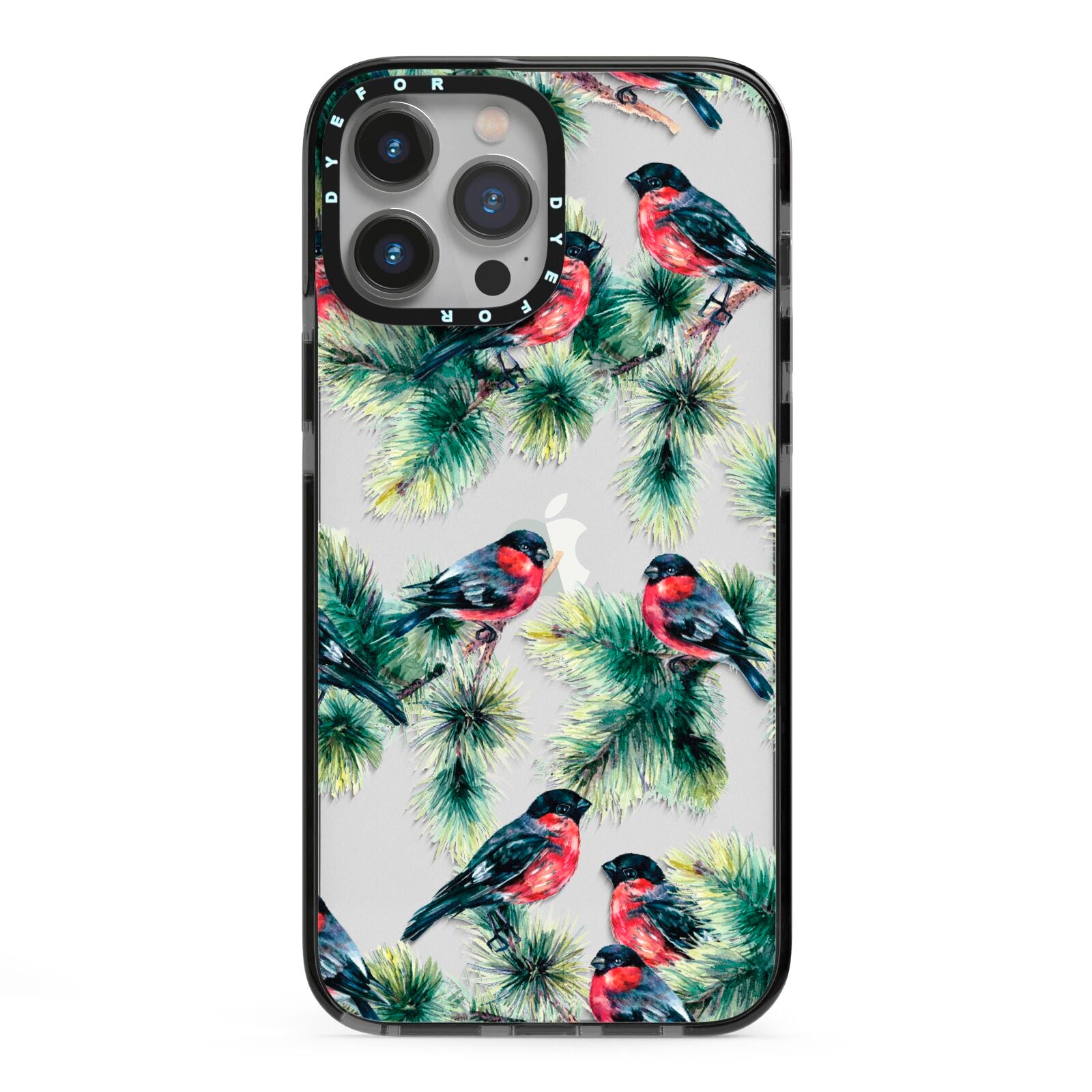 Bullfinch Pine Tree iPhone 13 Pro Max Black Impact Case on Silver phone