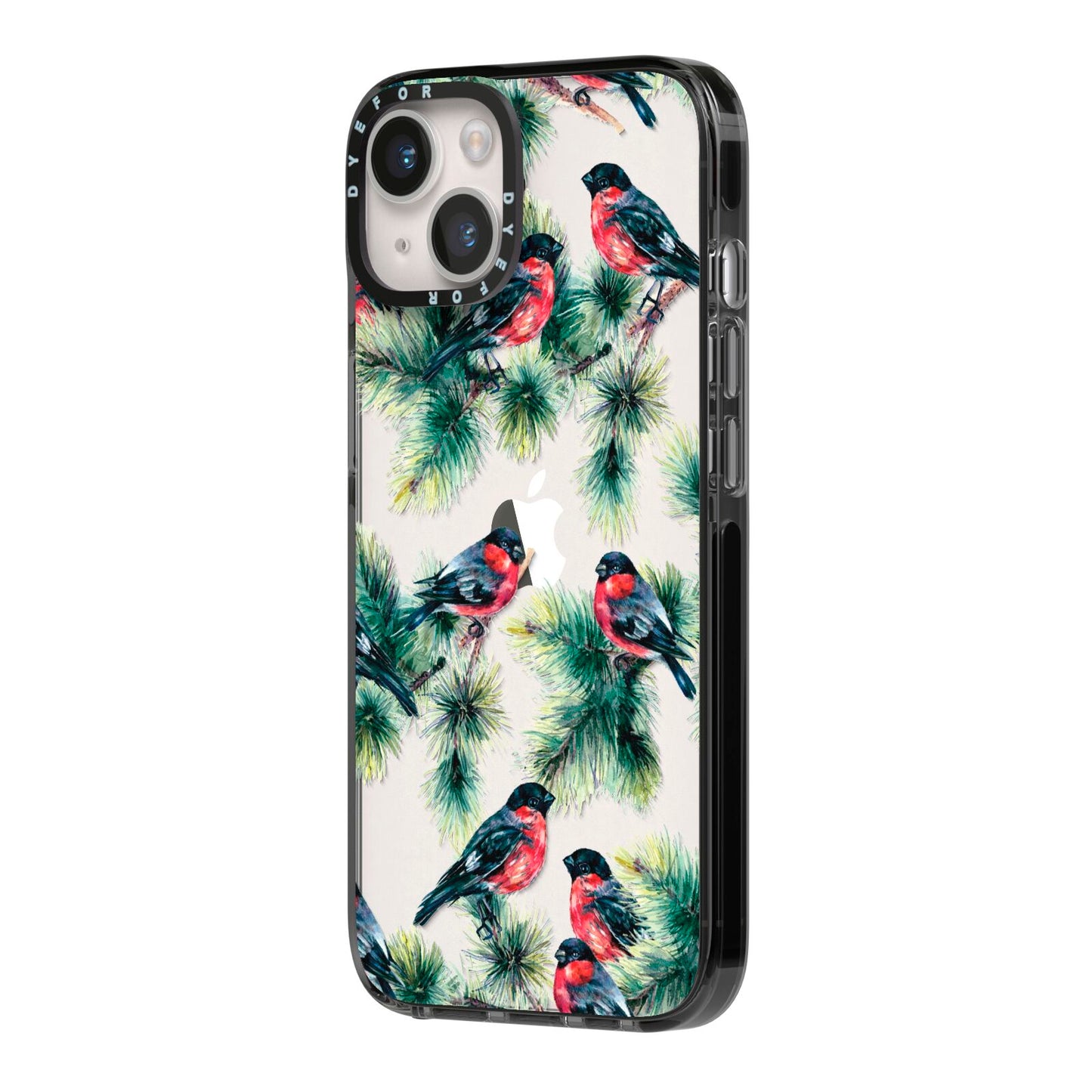 Bullfinch Pine Tree iPhone 14 Black Impact Case Side Angle on Silver phone