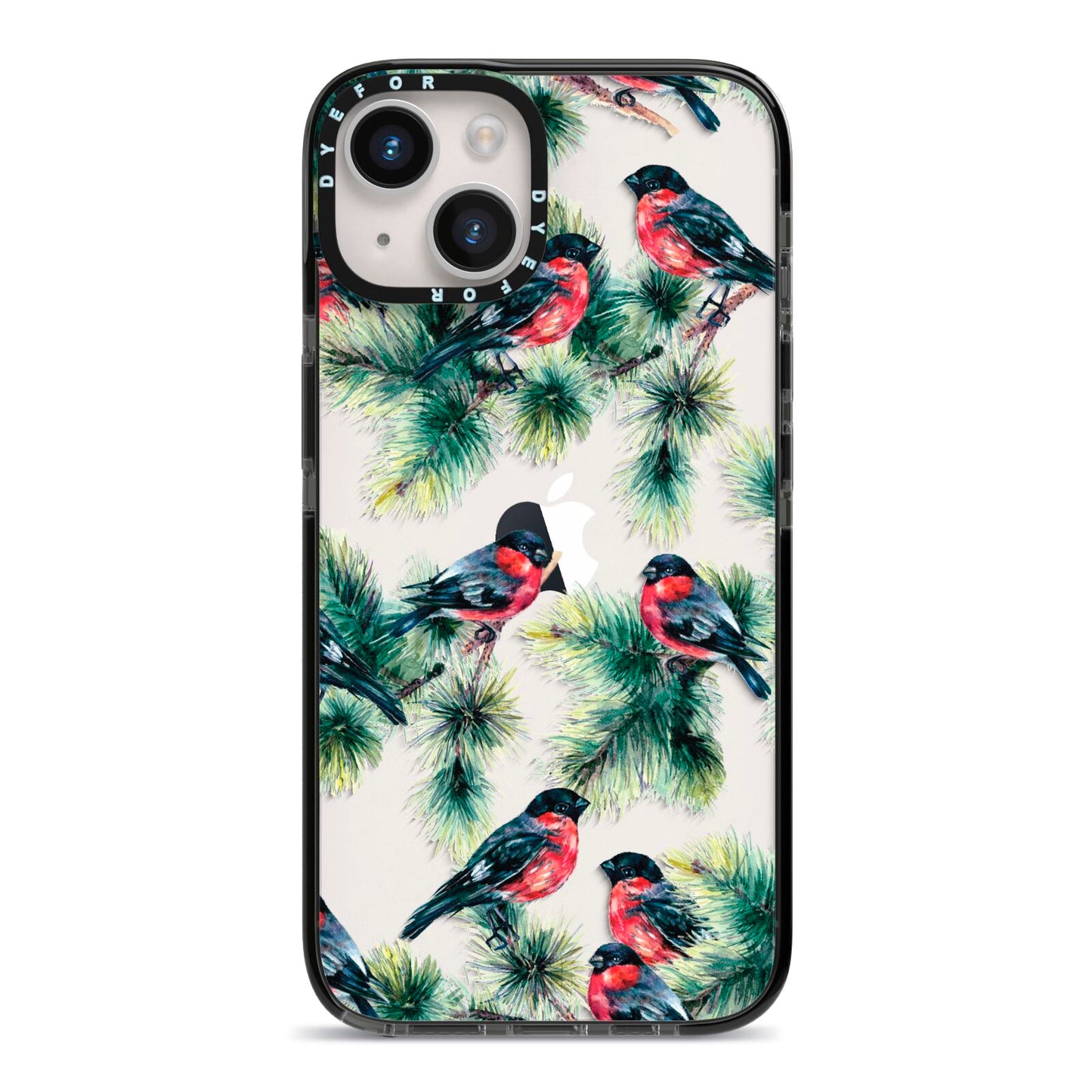Bullfinch Pine Tree iPhone 14 Black Impact Case on Silver phone