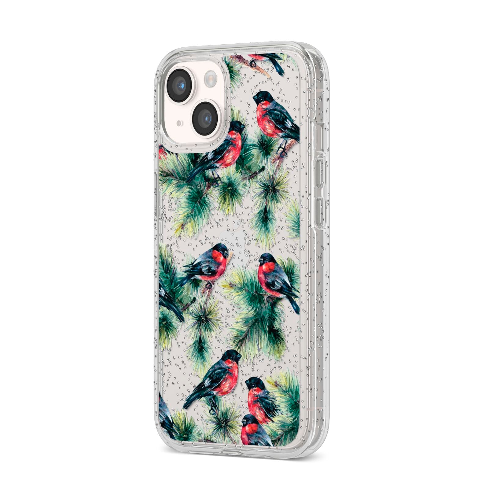 Bullfinch Pine Tree iPhone 14 Glitter Tough Case Starlight Angled Image