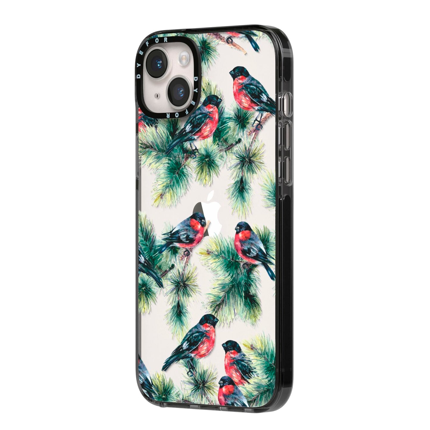 Bullfinch Pine Tree iPhone 14 Plus Black Impact Case Side Angle on Silver phone