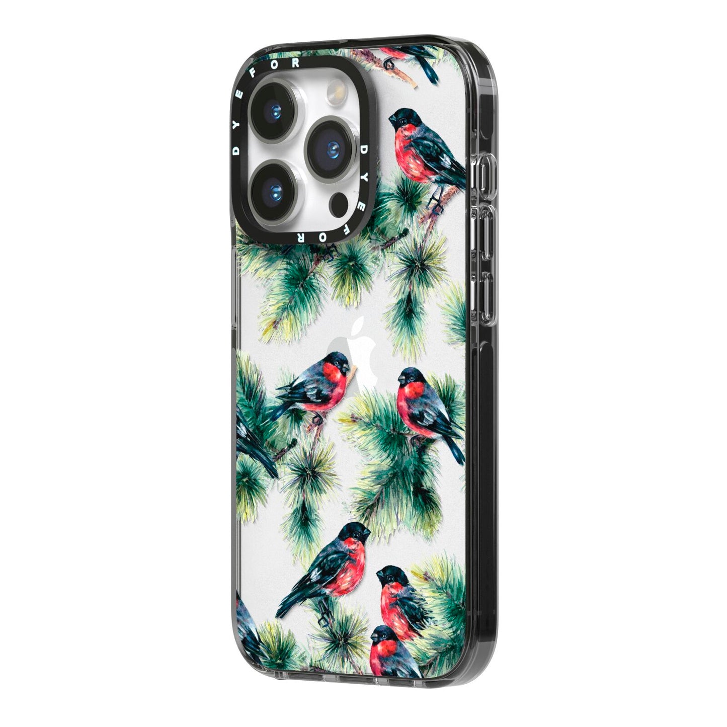 Bullfinch Pine Tree iPhone 14 Pro Black Impact Case Side Angle on Silver phone