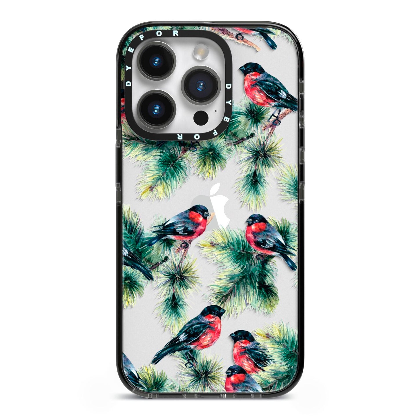 Bullfinch Pine Tree iPhone 14 Pro Black Impact Case on Silver phone