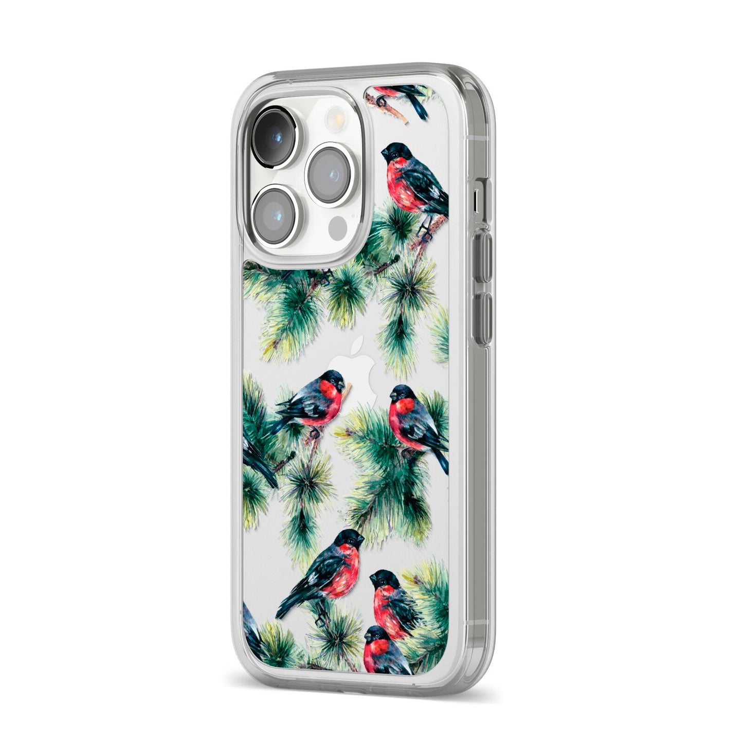 Bullfinch Pine Tree iPhone 14 Pro Clear Tough Case Silver Angled Image