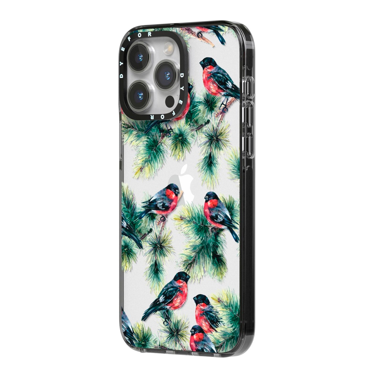 Bullfinch Pine Tree iPhone 14 Pro Max Black Impact Case Side Angle on Silver phone