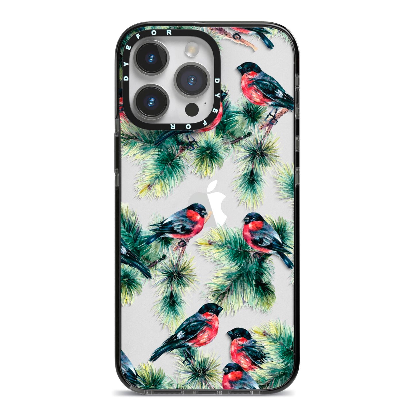 Bullfinch Pine Tree iPhone 14 Pro Max Black Impact Case on Silver phone