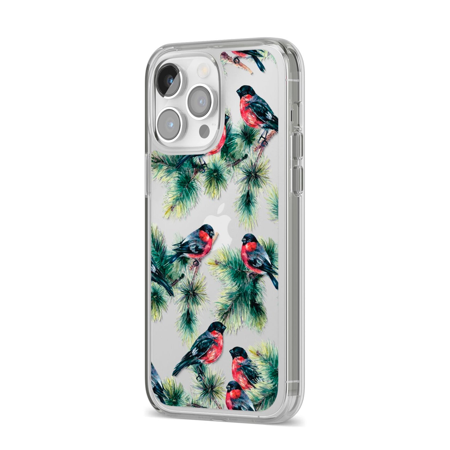 Bullfinch Pine Tree iPhone 14 Pro Max Clear Tough Case Silver Angled Image