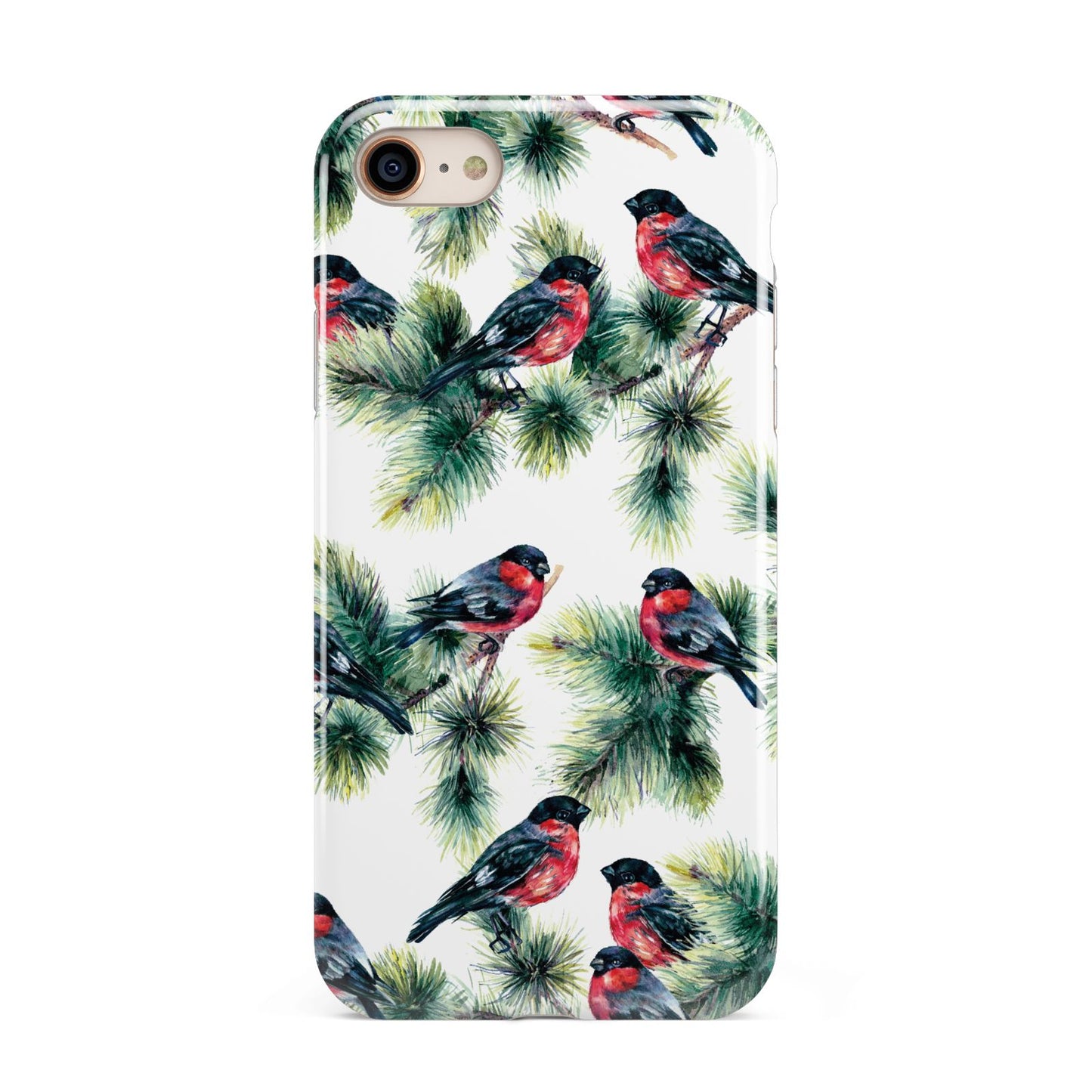 Bullfinch Pine Tree iPhone 8 3D Tough Case on Gold Phone
