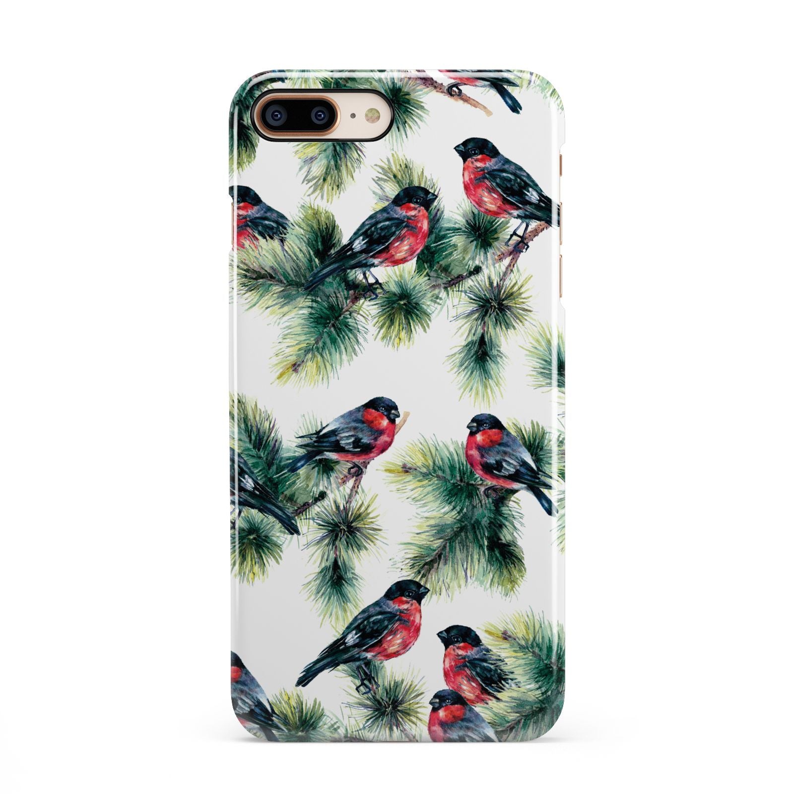 Bullfinch Pine Tree iPhone 8 Plus 3D Snap Case on Gold Phone