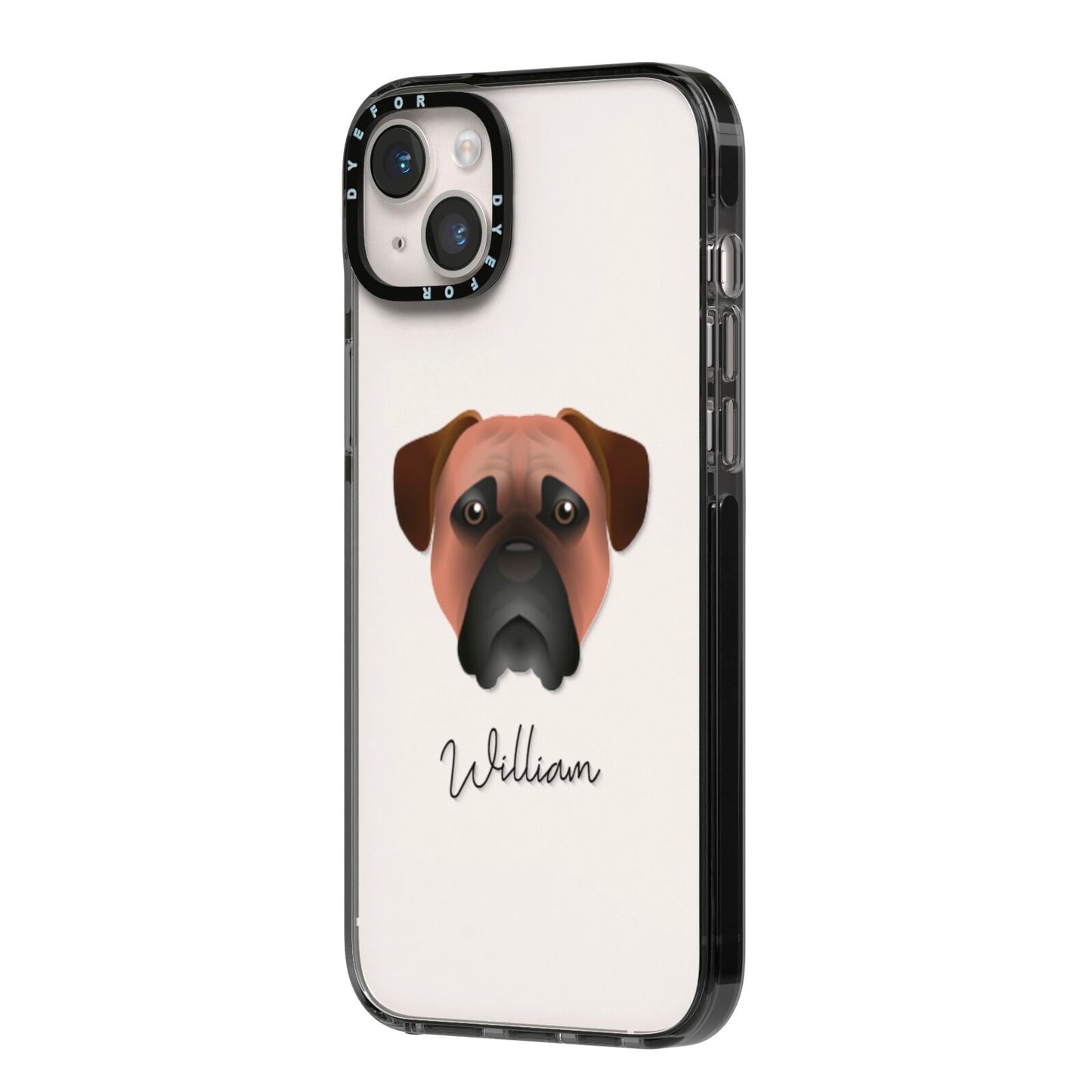 Bullmastiff Personalised iPhone 14 Plus Black Impact Case Side Angle on Silver phone