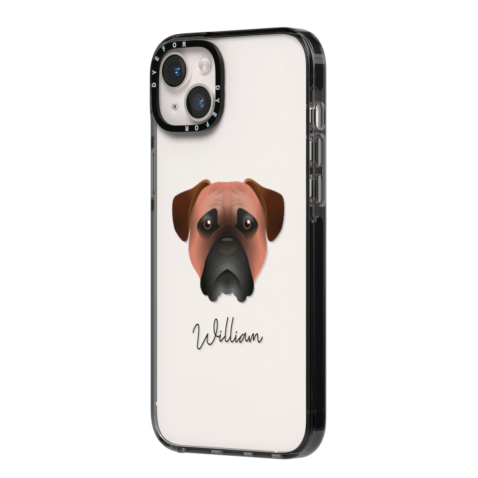 Bullmastiff Personalised iPhone 14 Plus Black Impact Case Side Angle on Silver phone