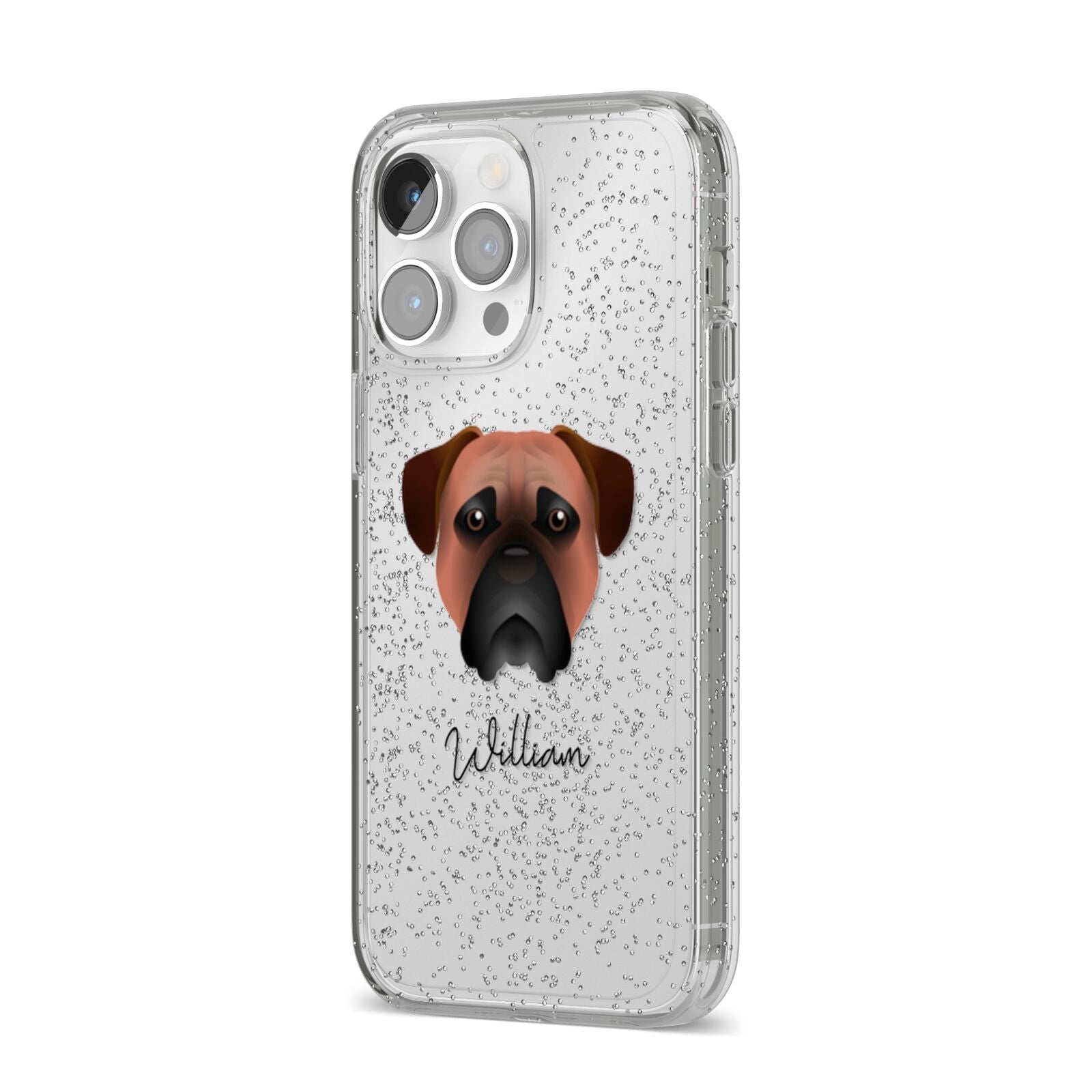 Bullmastiff Personalised iPhone 14 Pro Max Glitter Tough Case Silver Angled Image