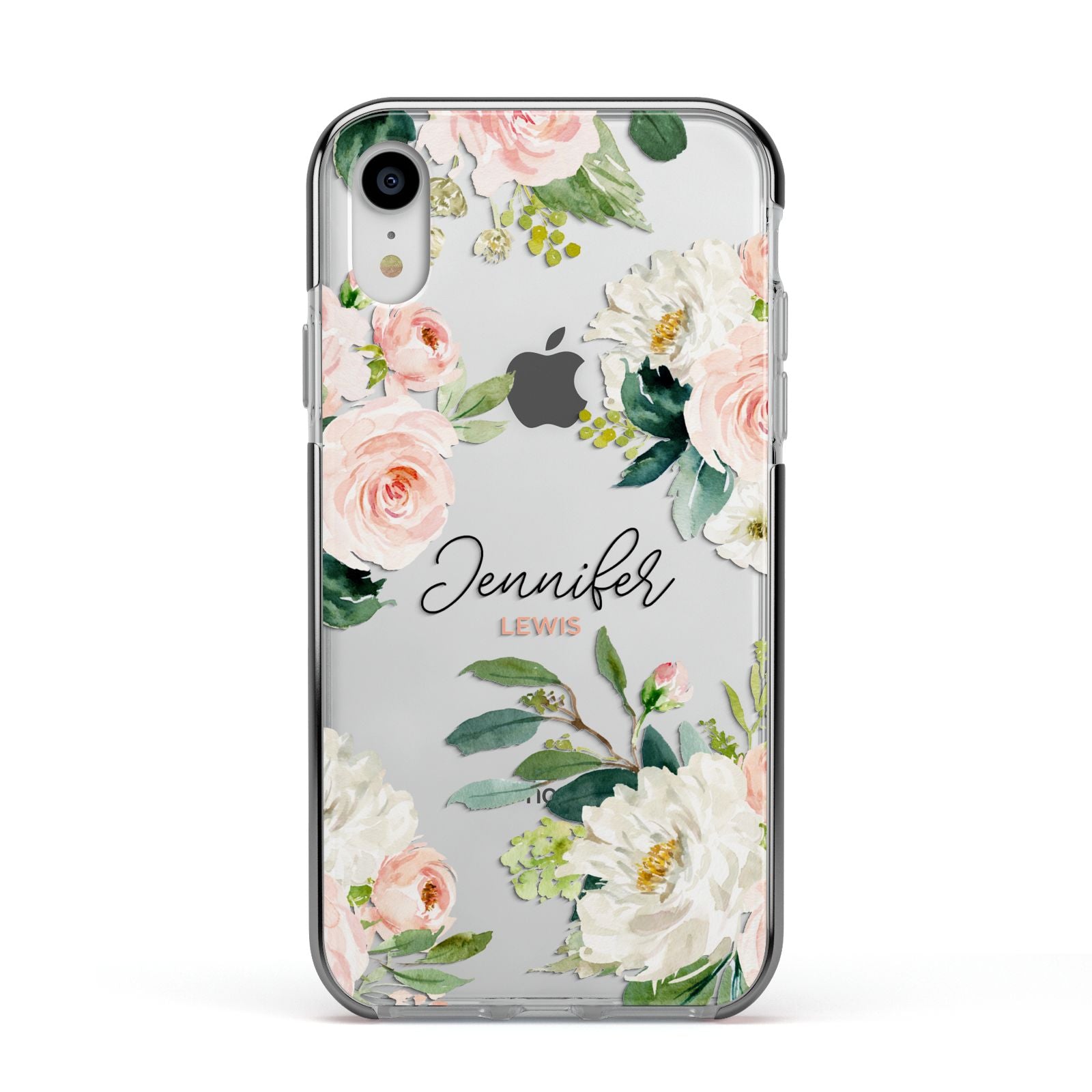 Bunches of Roses Personalised Names Apple iPhone XR Impact Case Black Edge on Silver Phone
