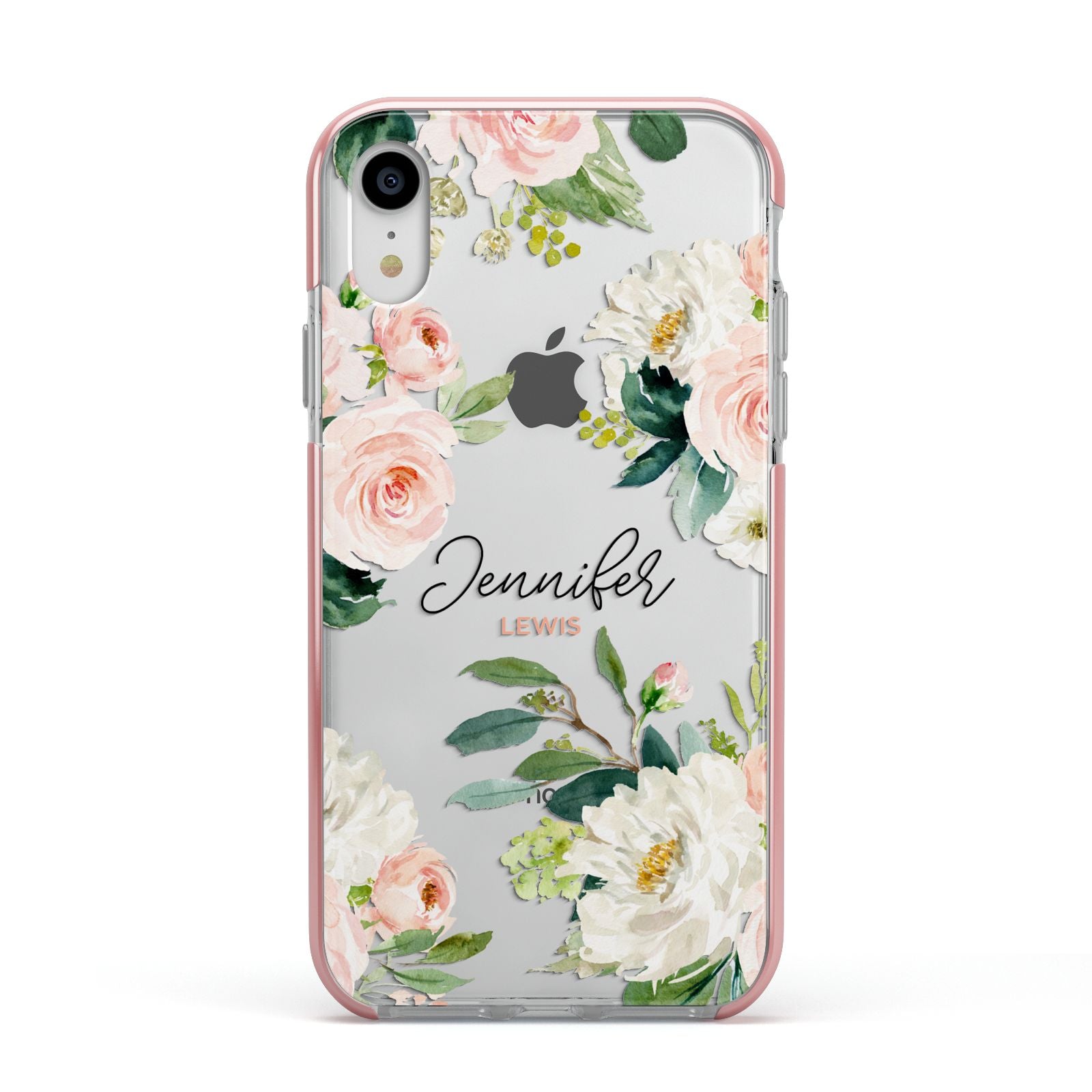 Bunches of Roses Personalised Names Apple iPhone XR Impact Case Pink Edge on Silver Phone