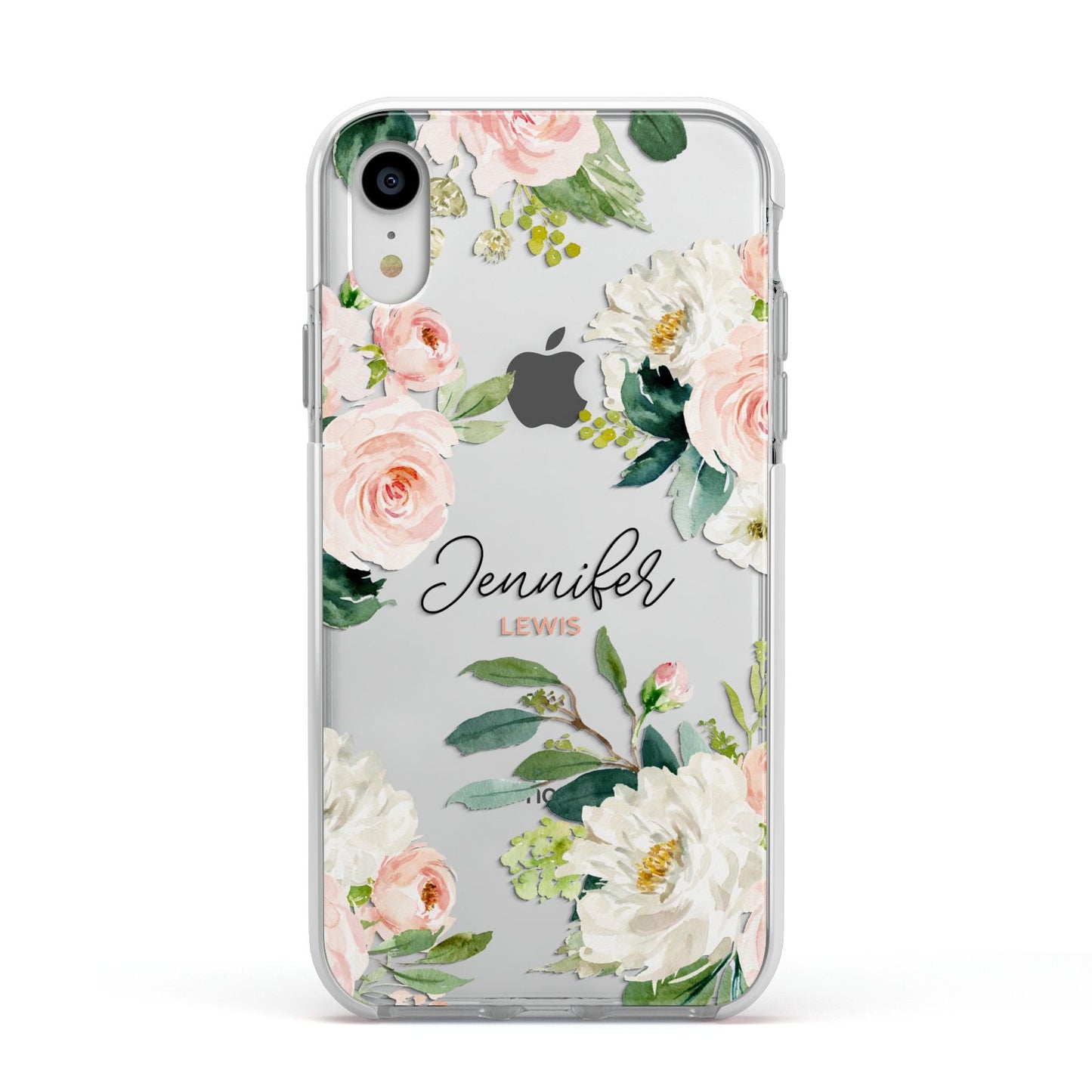 Bunches of Roses Personalised Names Apple iPhone XR Impact Case White Edge on Silver Phone
