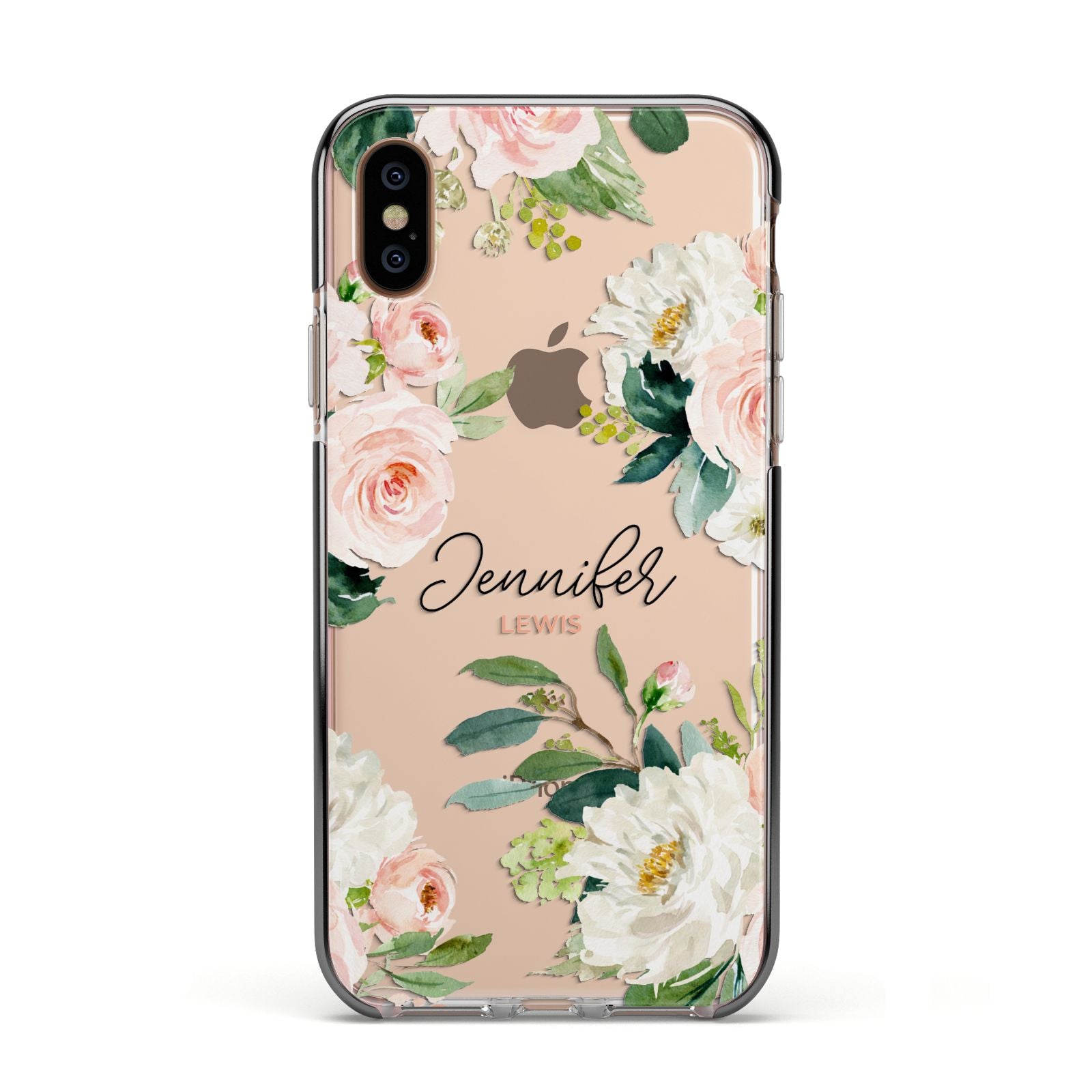 Bunches of Roses Personalised Names Apple iPhone Xs Impact Case Black Edge on Gold Phone