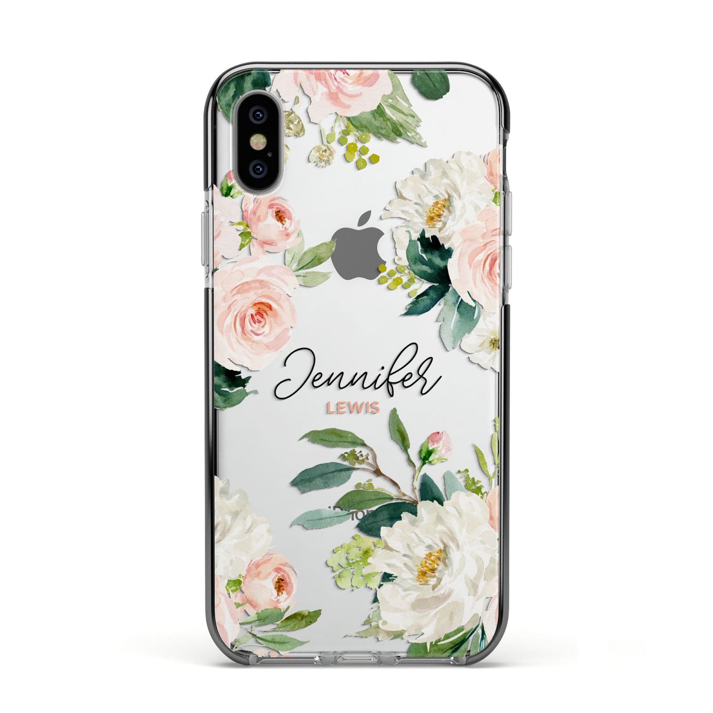 Bunches of Roses Personalised Names Apple iPhone Xs Impact Case Black Edge on Silver Phone