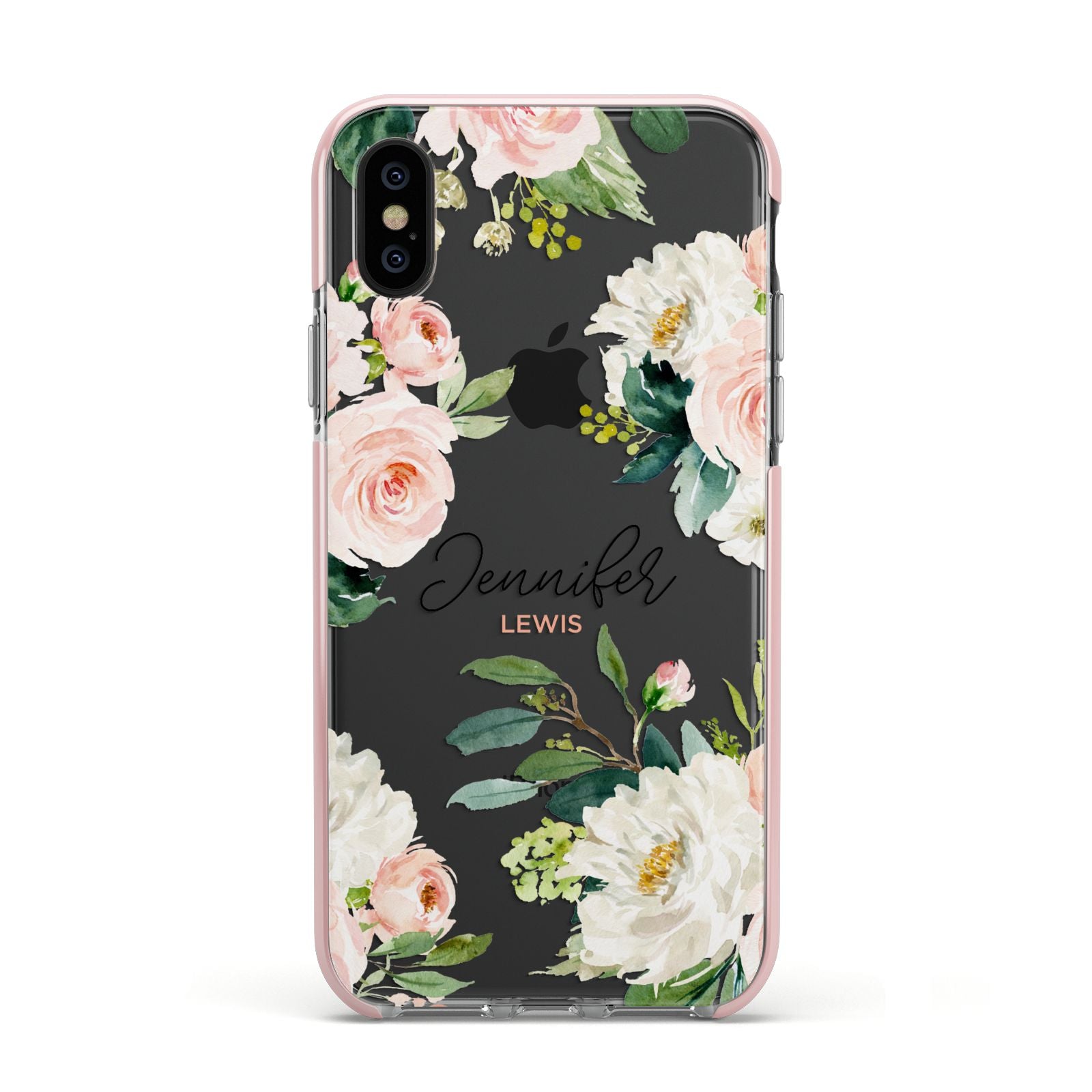 Bunches of Roses Personalised Names Apple iPhone Xs Impact Case Pink Edge on Black Phone