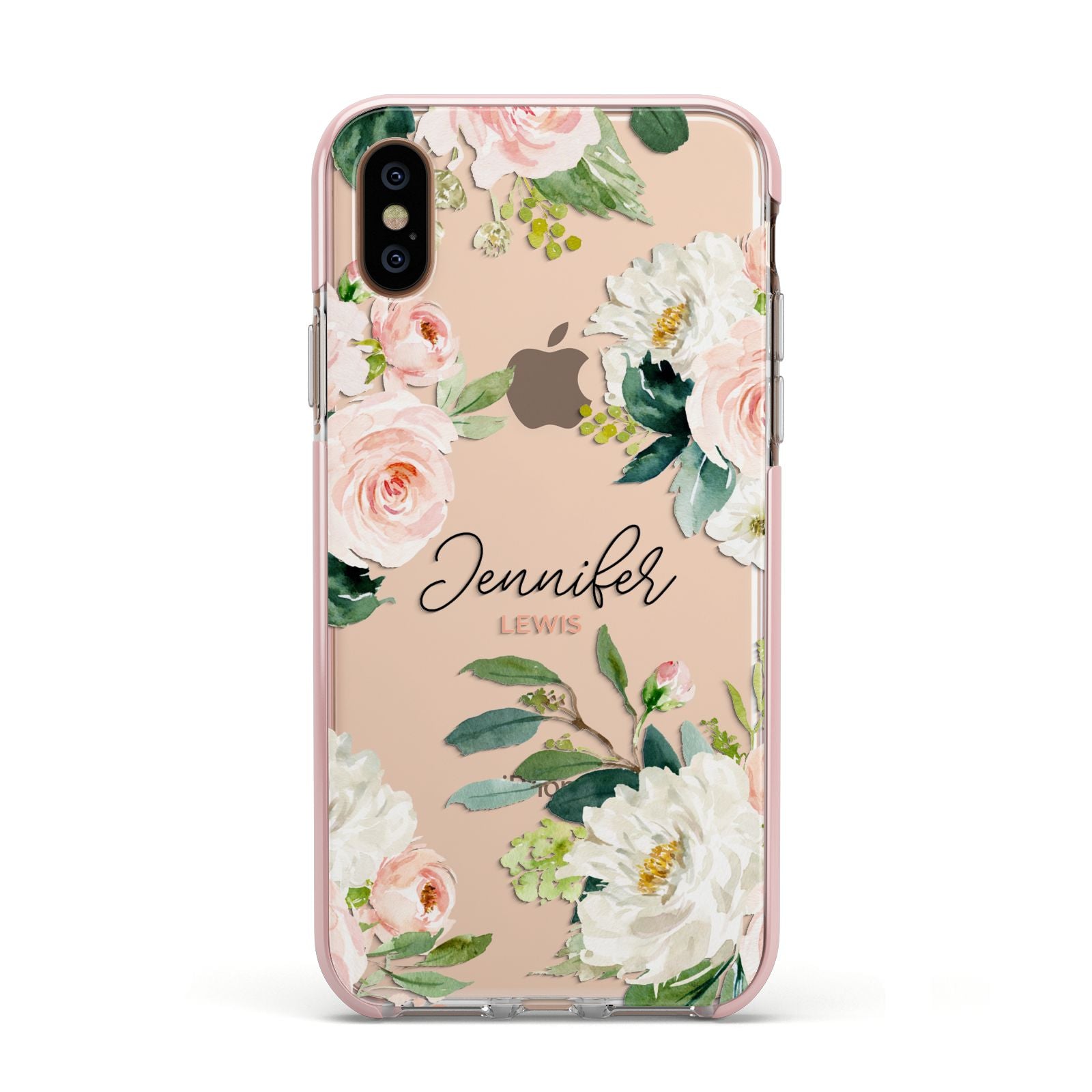 Bunches of Roses Personalised Names Apple iPhone Xs Impact Case Pink Edge on Gold Phone