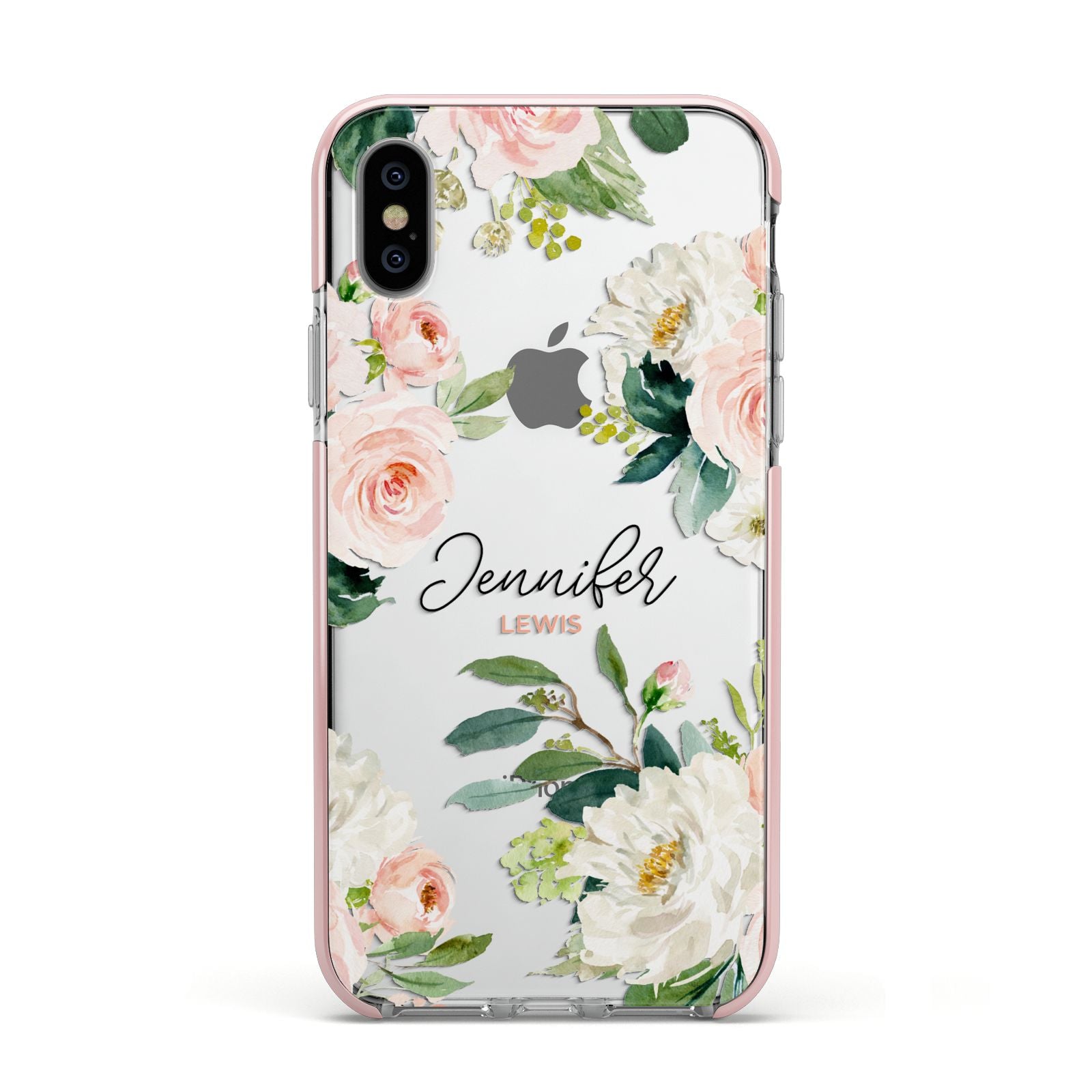 Bunches of Roses Personalised Names Apple iPhone Xs Impact Case Pink Edge on Silver Phone