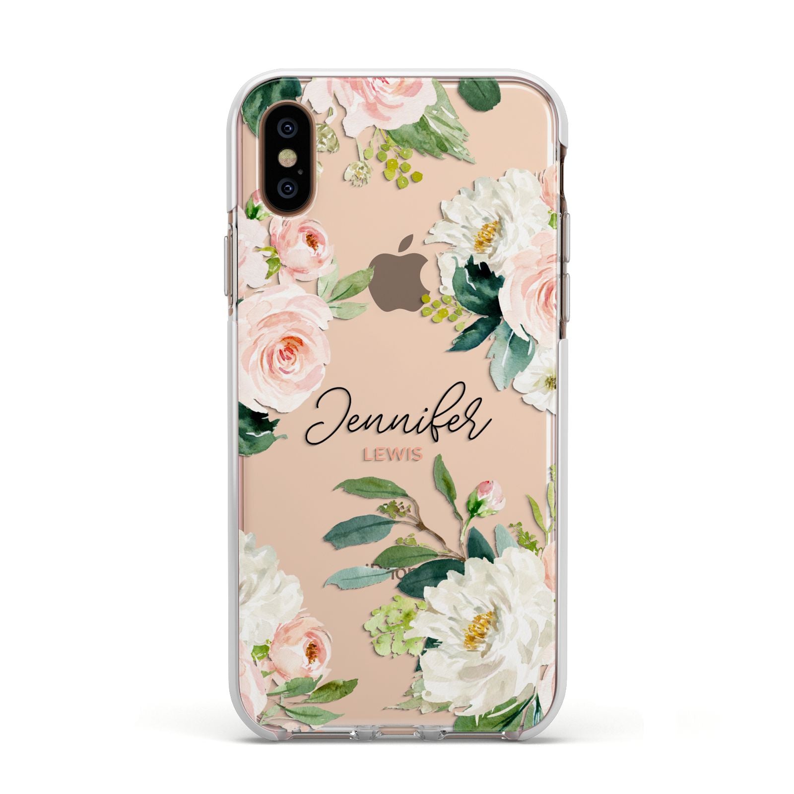 Bunches of Roses Personalised Names Apple iPhone Xs Impact Case White Edge on Gold Phone