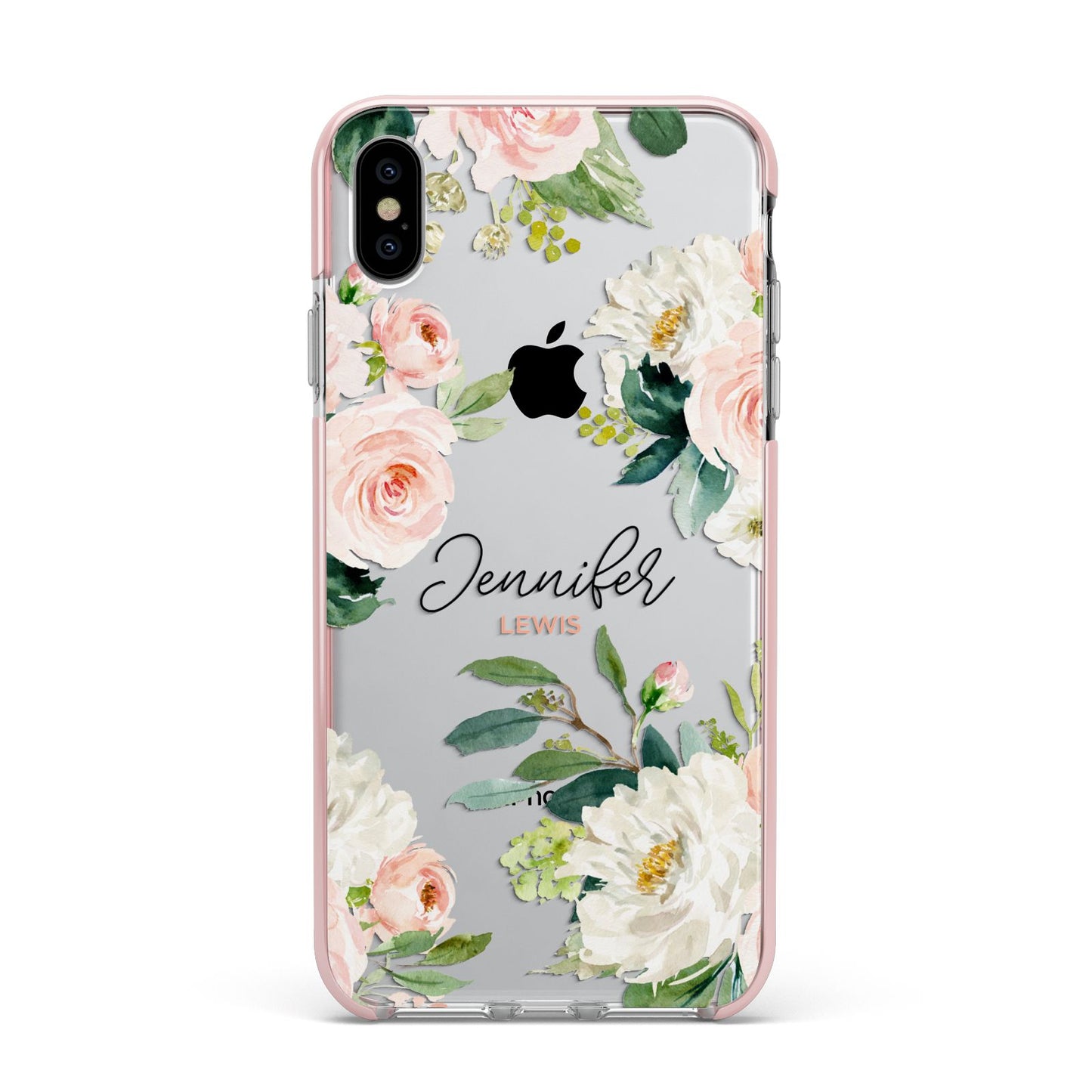 Bunches of Roses Personalised Names Apple iPhone Xs Max Impact Case Pink Edge on Silver Phone