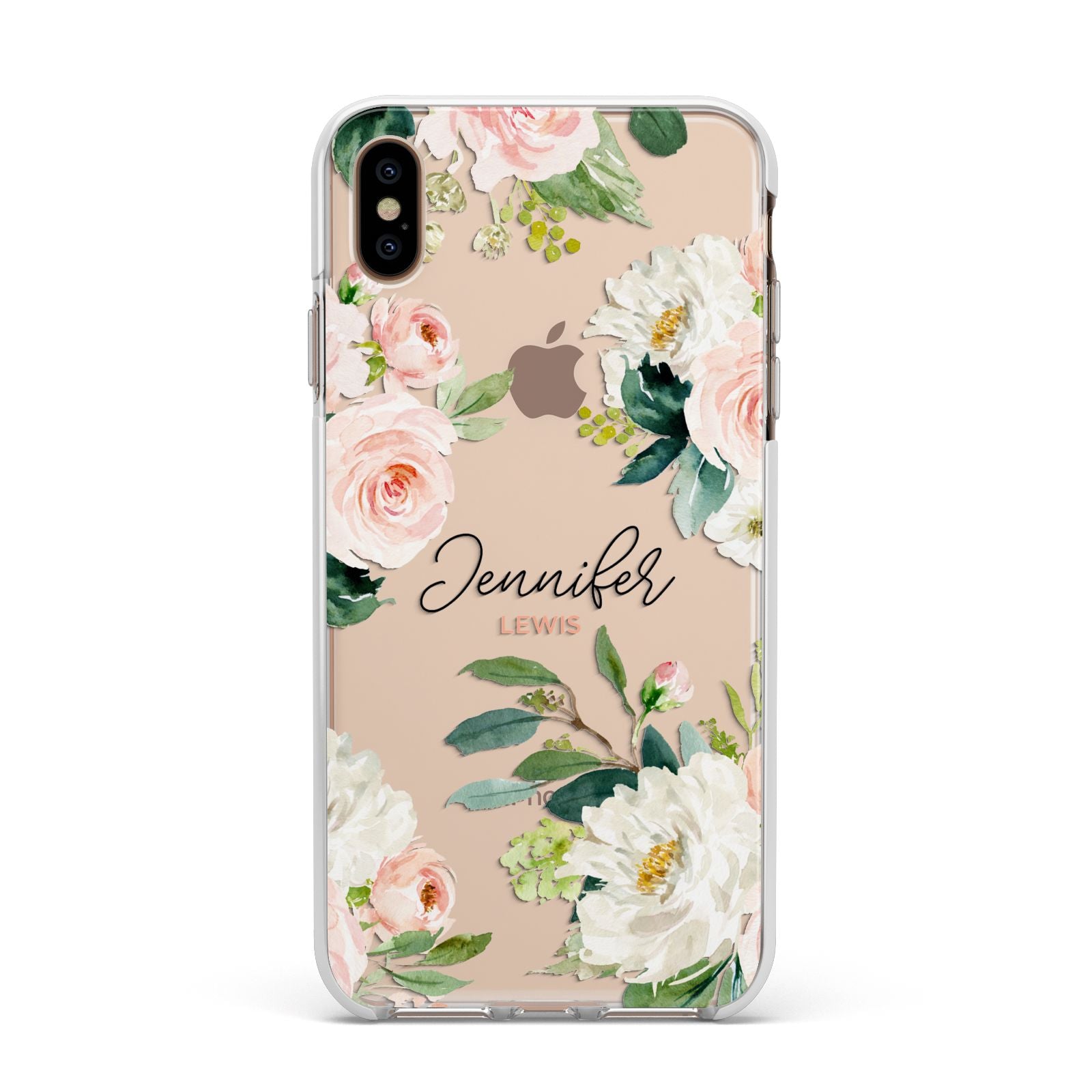 Bunches of Roses Personalised Names Apple iPhone Xs Max Impact Case White Edge on Gold Phone