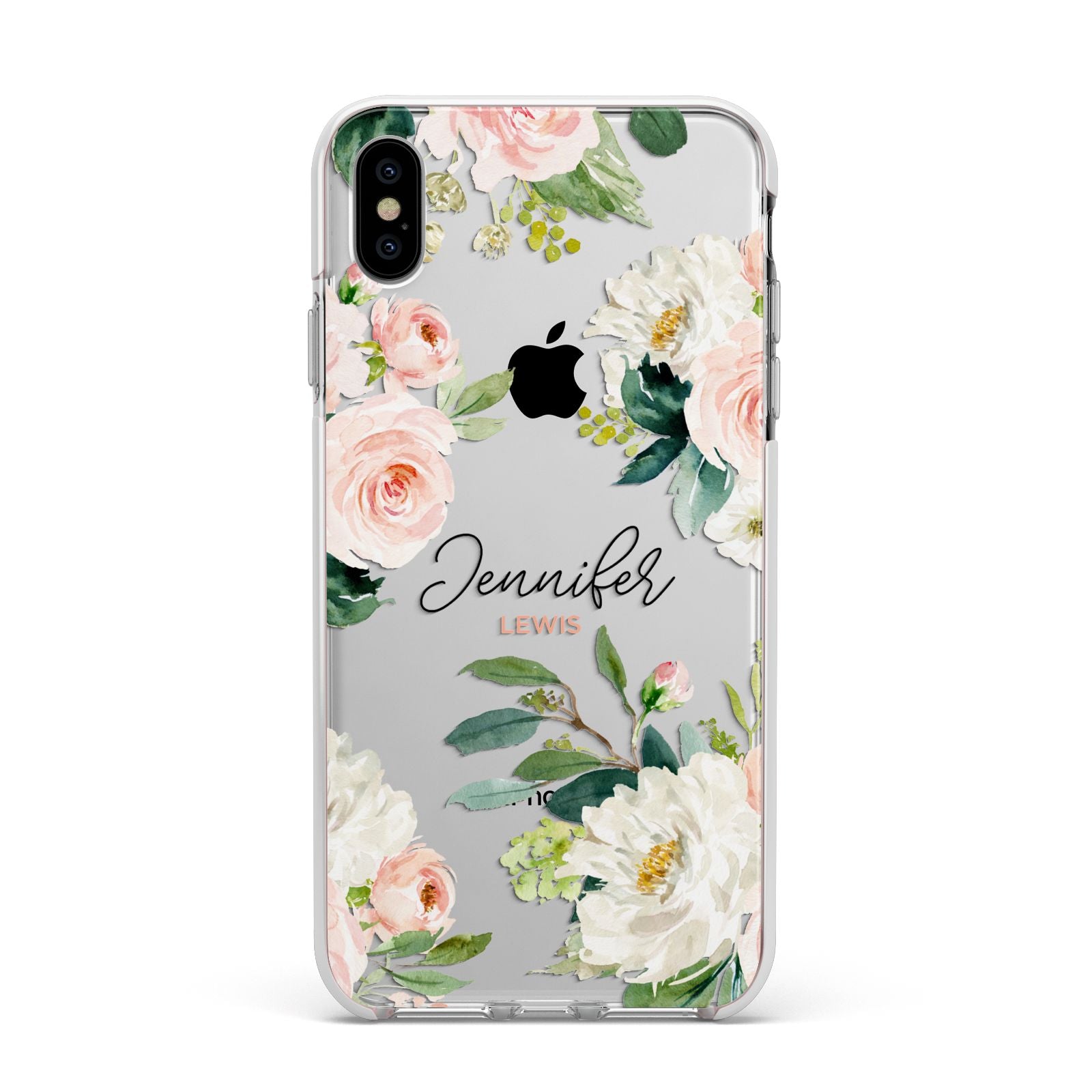 Bunches of Roses Personalised Names Apple iPhone Xs Max Impact Case White Edge on Silver Phone