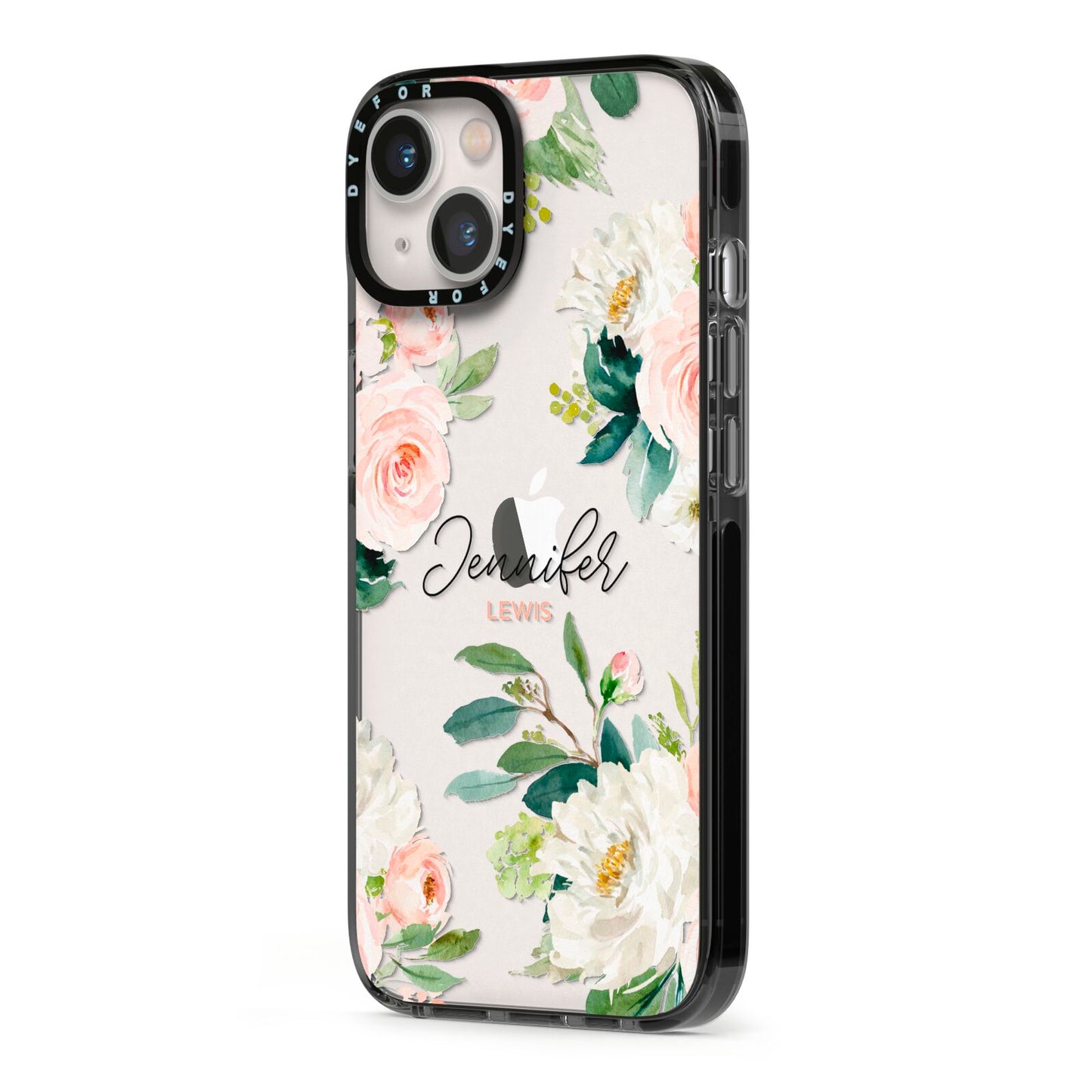 Bunches of Roses Personalised Names iPhone 13 Black Impact Case Side Angle on Silver phone