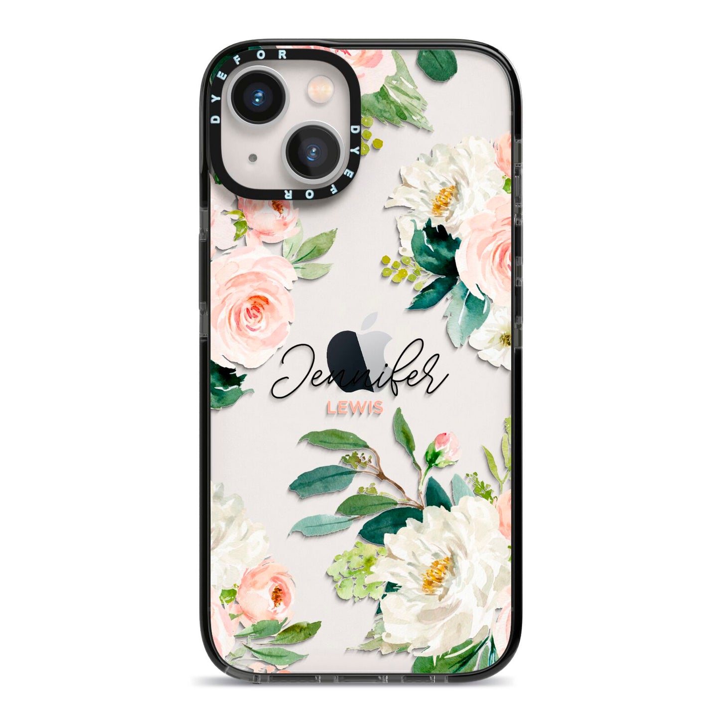 Bunches of Roses Personalised Names iPhone 13 Black Impact Case on Silver phone