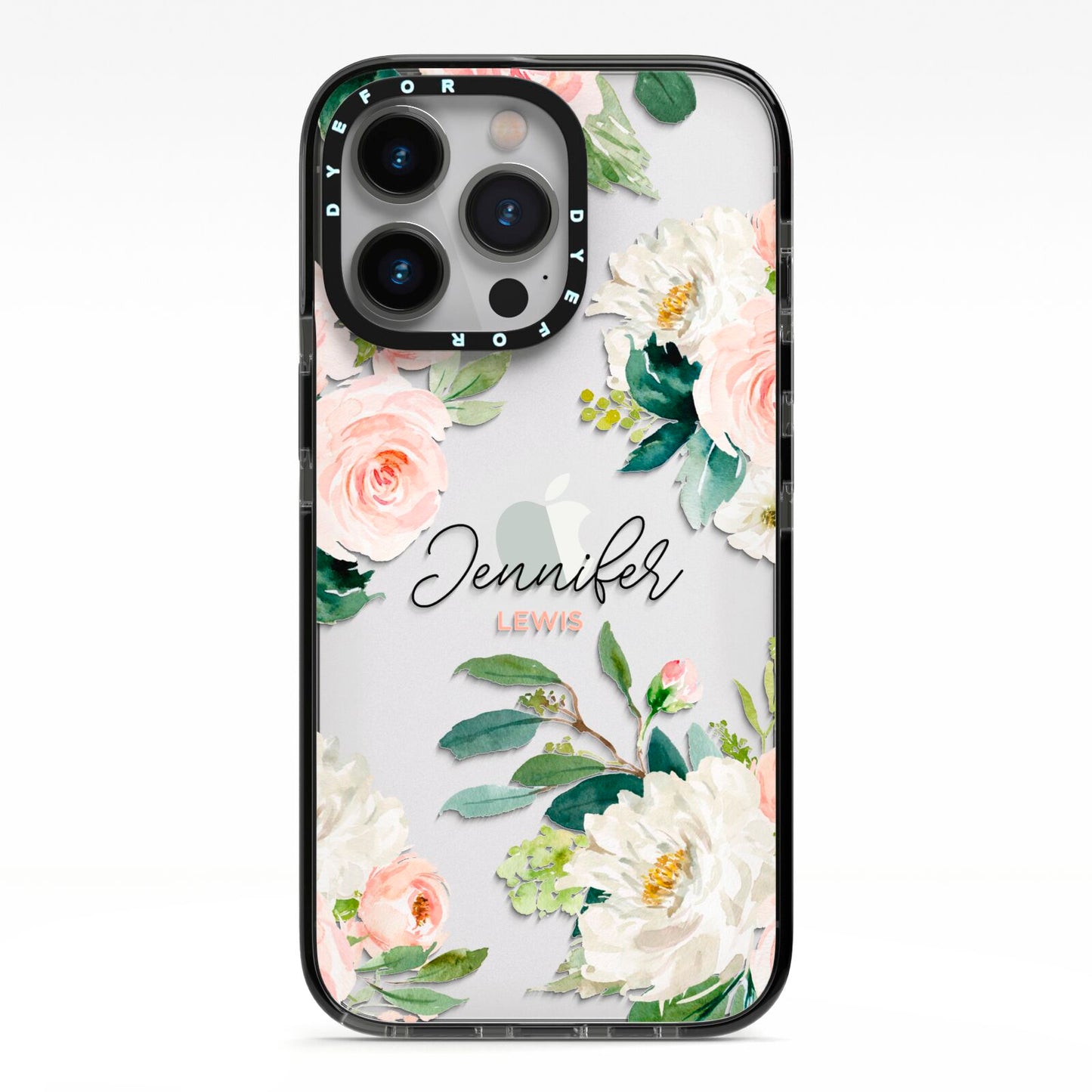 Bunches of Roses Personalised Names iPhone 13 Pro Black Impact Case on Silver phone