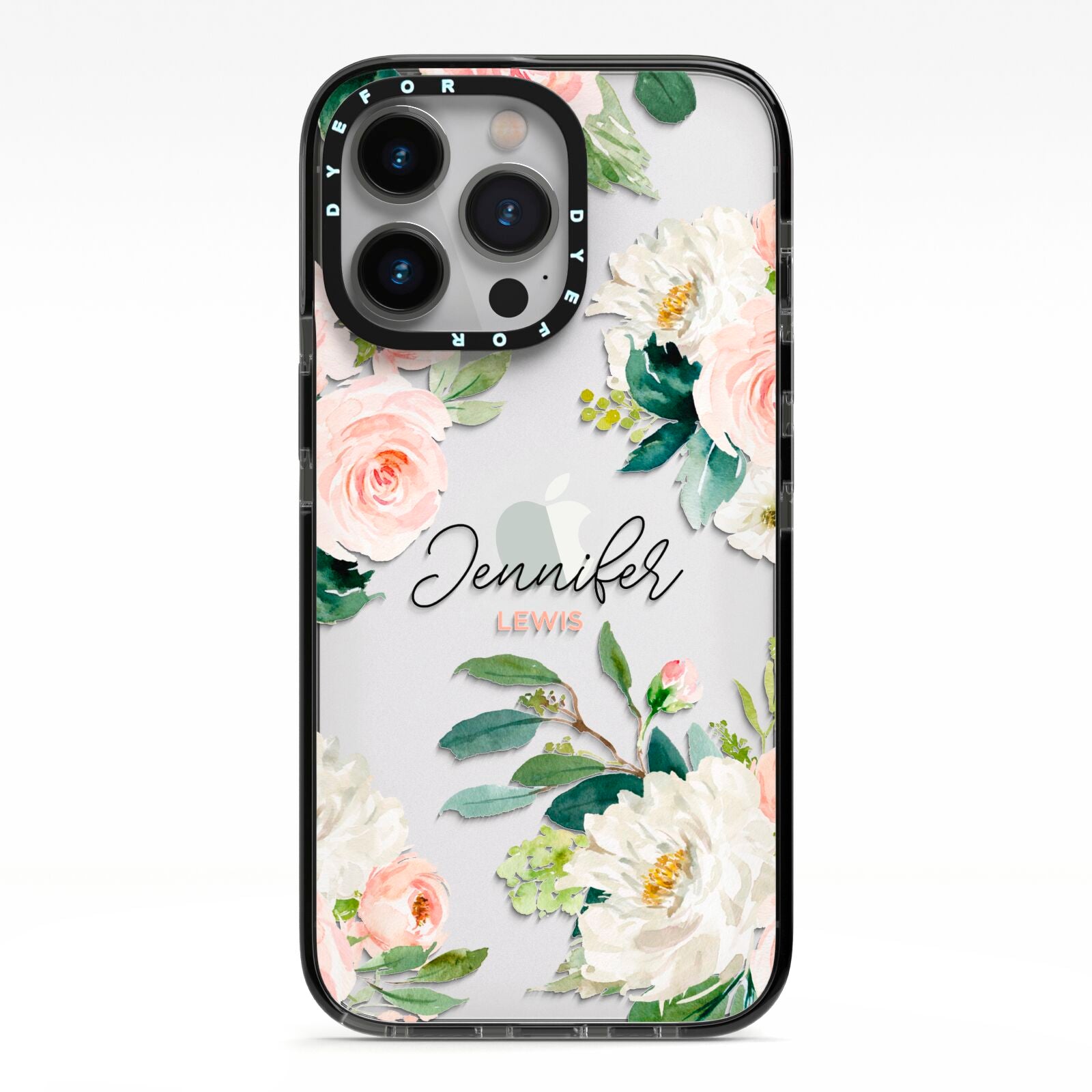 Bunches of Roses Personalised Names iPhone 13 Pro Black Impact Case on Silver phone