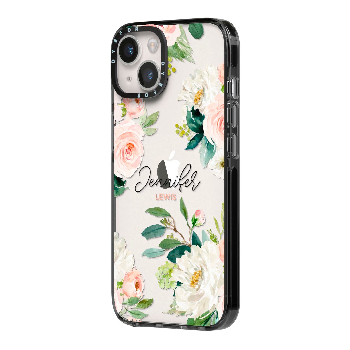 Bunches of Roses Personalised Names iPhone 14 Black Impact Case Side Angle on Silver phone