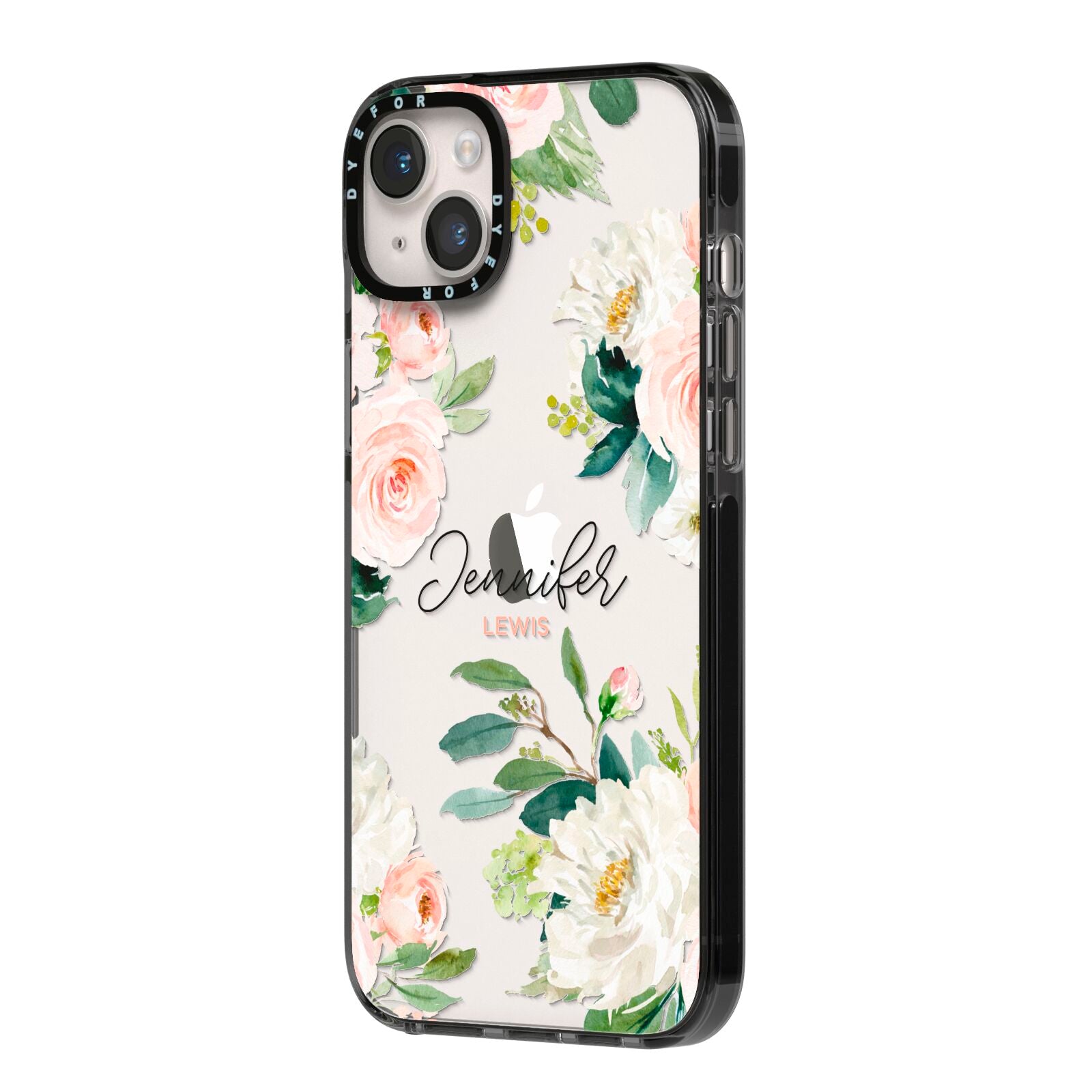 Bunches of Roses Personalised Names iPhone 14 Plus Black Impact Case Side Angle on Silver phone